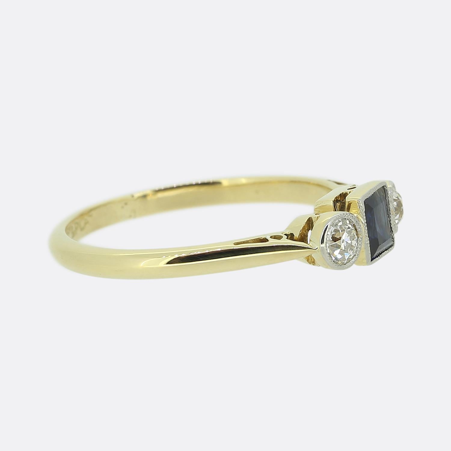 Square Cut Art Deco Three-Stone Sapphire and Diamond Ring