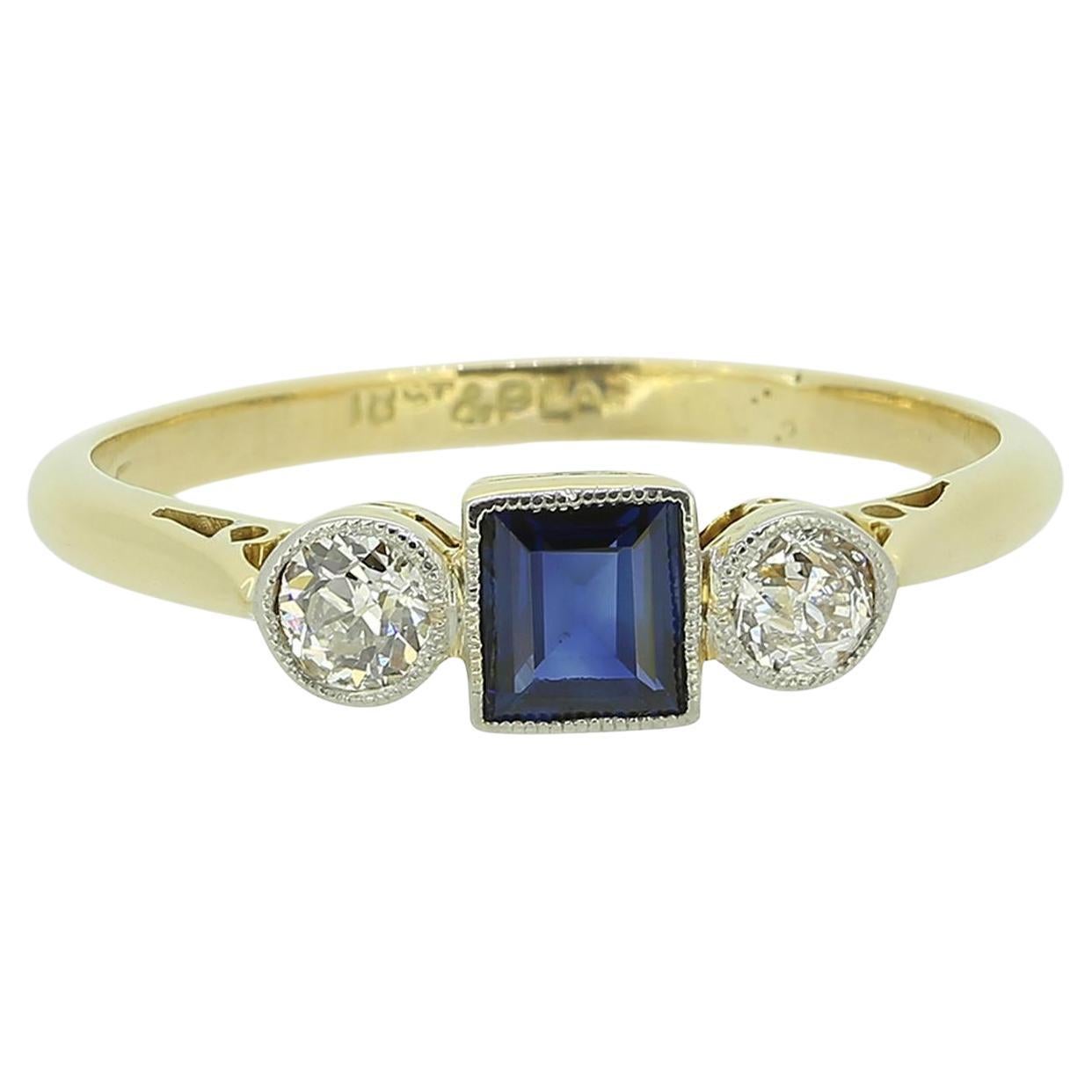 Art Deco Three-Stone Sapphire and Diamond Ring