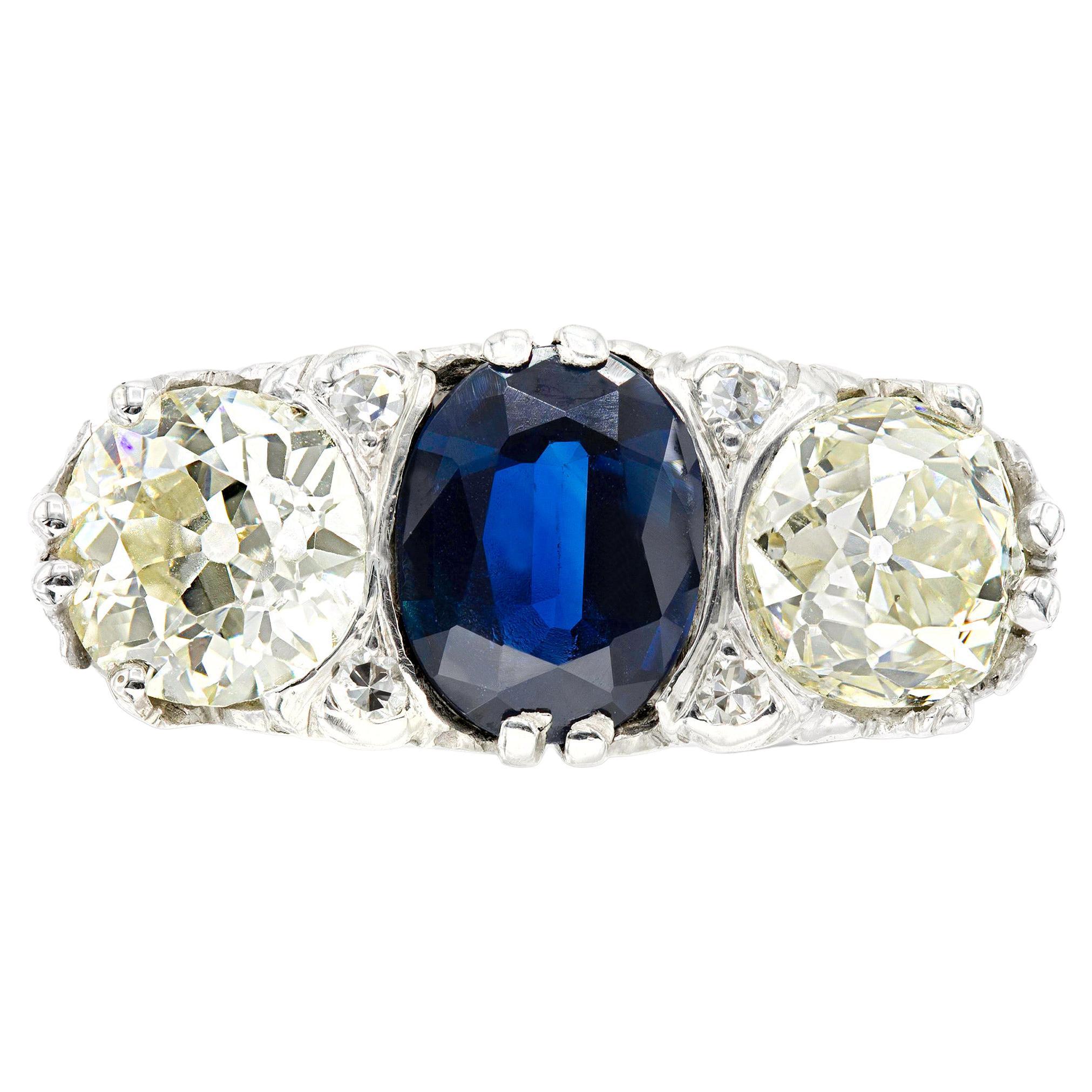 Art Deco Three Stone Sapphire and Old European Cut Diamond Ring For Sale
