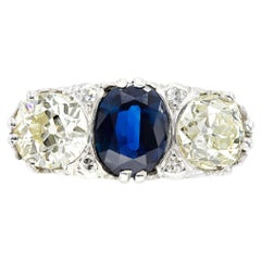 Art Deco Three Stone Sapphire and Old European Cut Diamond Ring