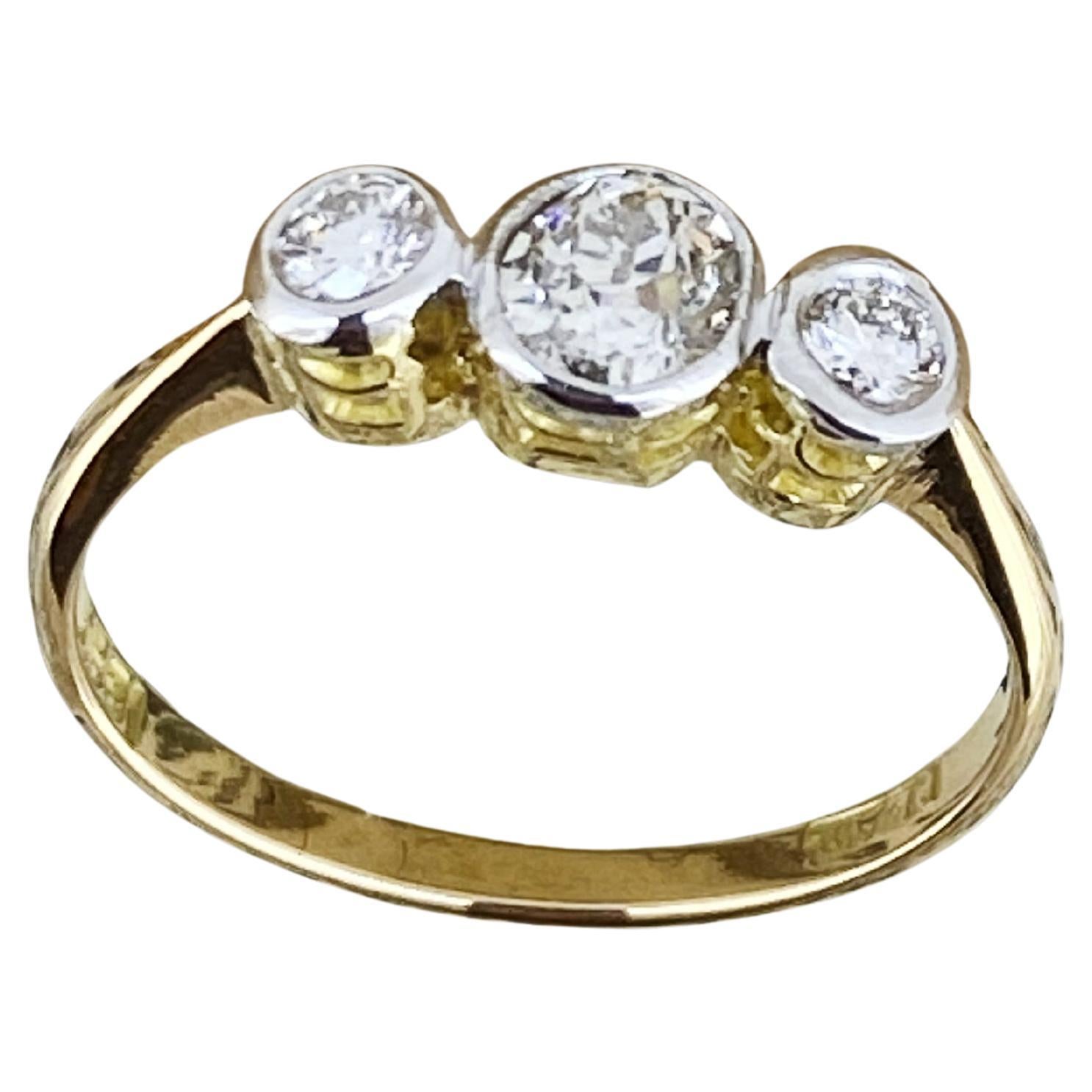 Old European Cut Art-Deco Three-Stone Trilogy Old Cut Bezel Set Diamond Platinum 18K Gold Ring