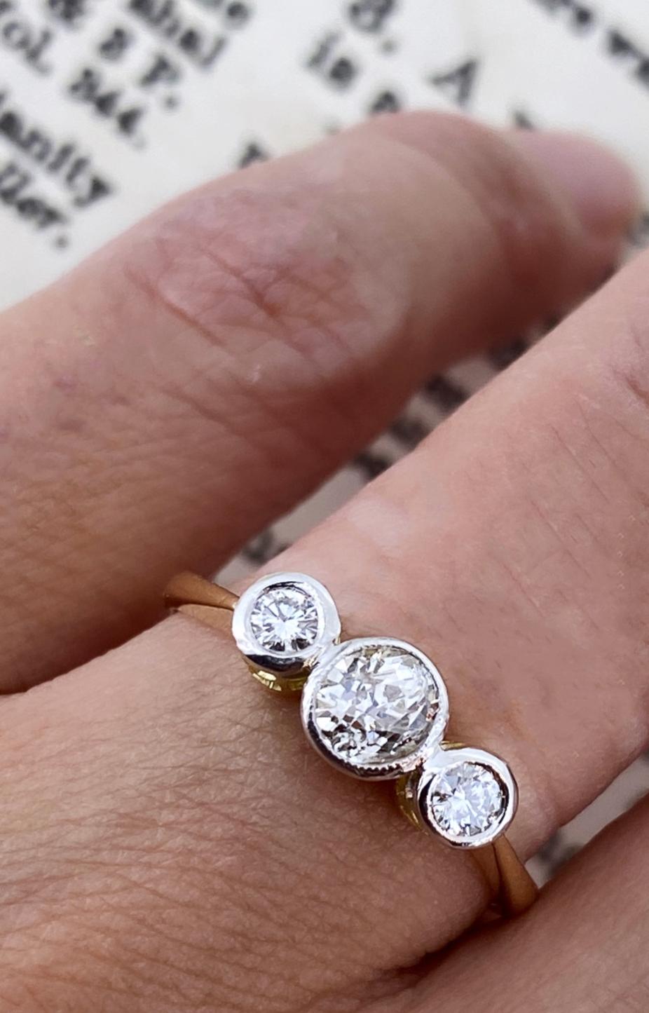 Art-Deco Three-Stone Trilogy Old Cut Bezel Set Diamond Platinum 18K Gold Ring 1