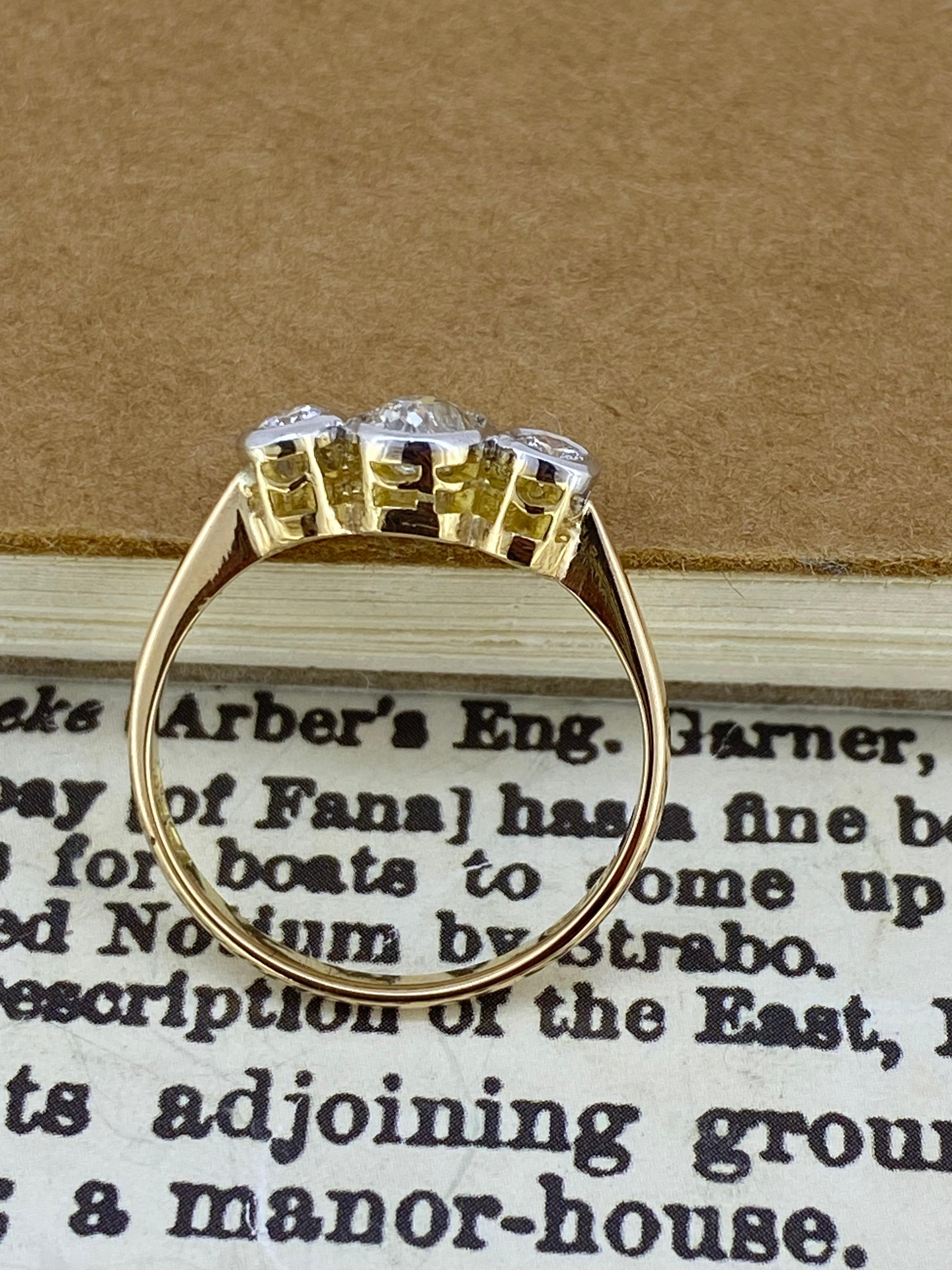 Art-Deco Three-Stone Trilogy Old Cut Bezel Set Diamond Platinum 18K Gold Ring 2