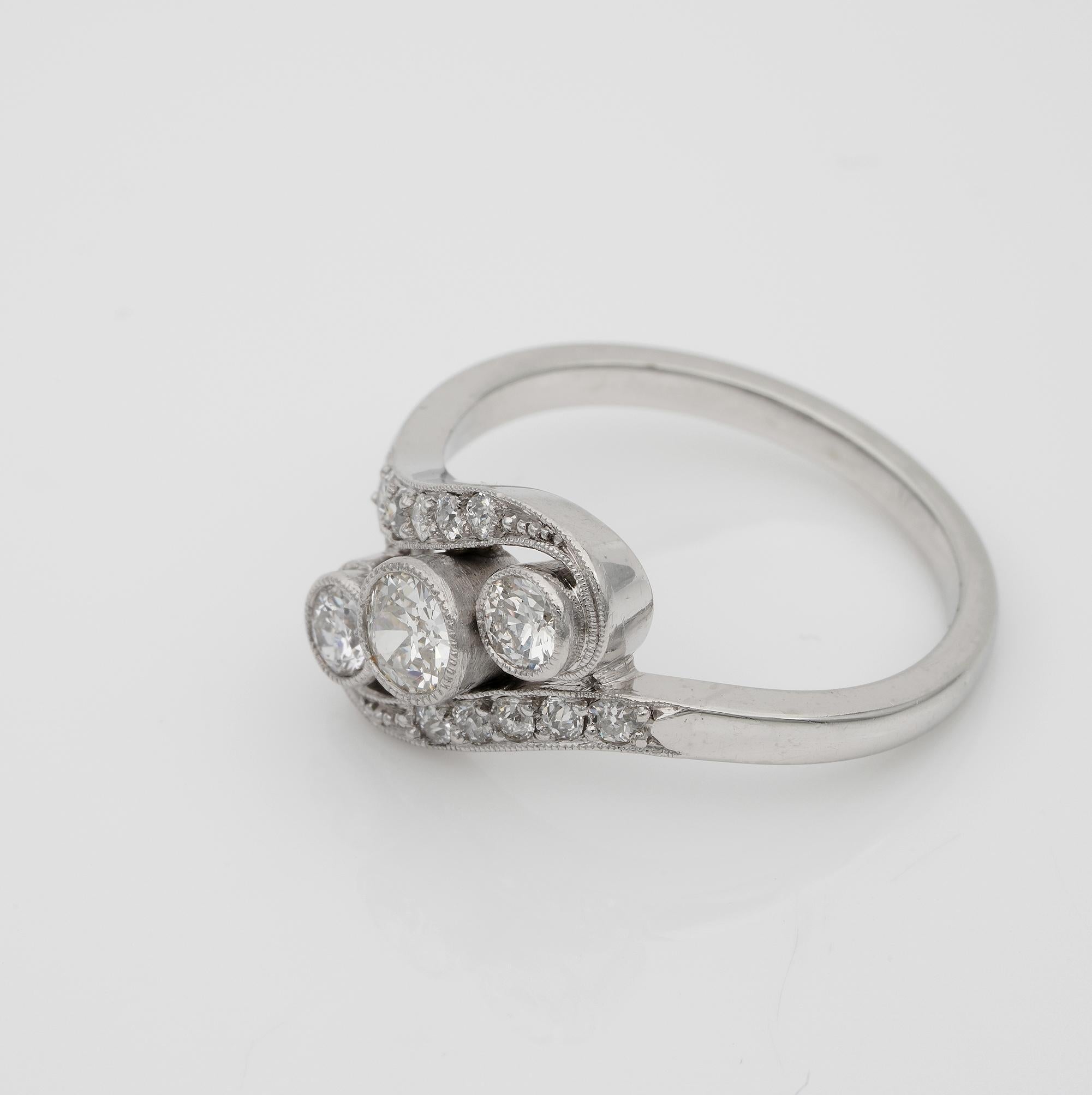 Old European Cut Art Deco Three Stone Twisted Ring 1.25 Ct Diamond For Sale