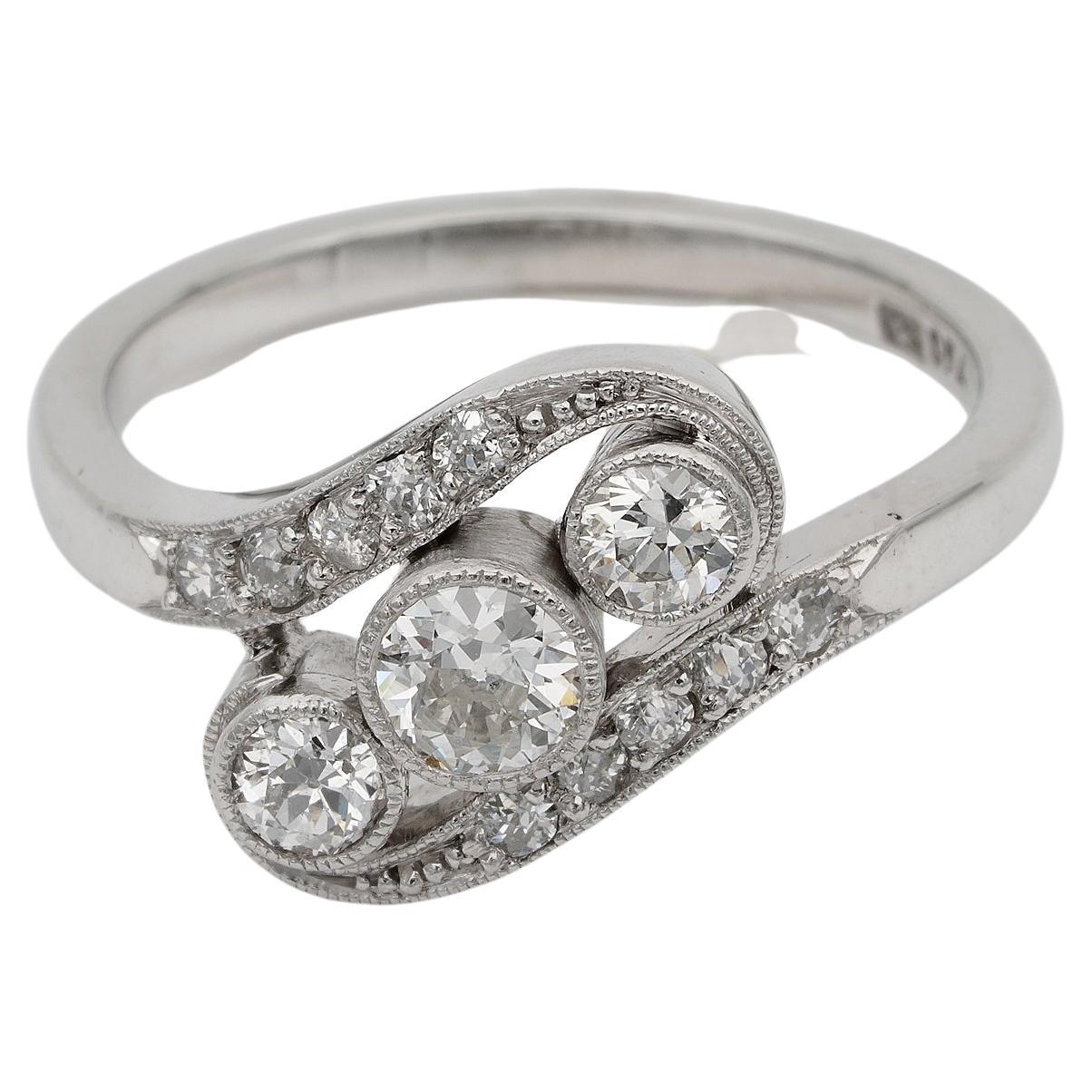 Art Deco Three Stone Twisted Ring 1.25 Ct Diamond For Sale