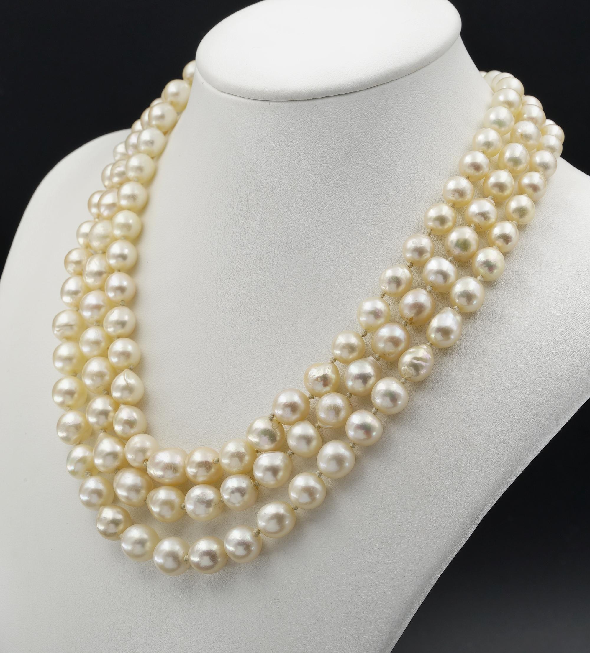Women's Art Deco Three Strand Baroque Shaped Pearl Necklace Ruby Diamond Large Clasp For Sale