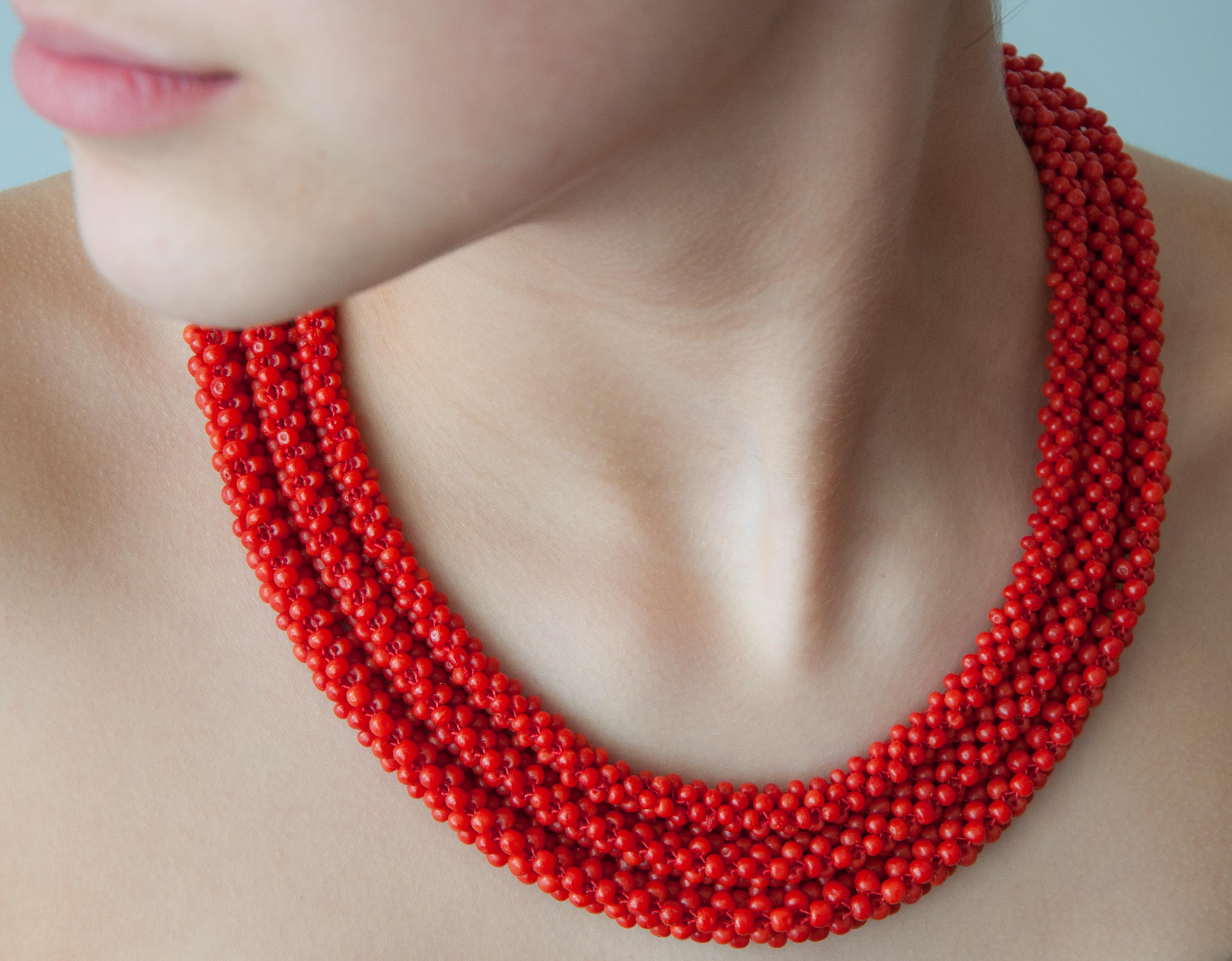 Vintage woven natural coral necklace. This gorgeous handcrafted necklace consists of three red coral layers, which are connected with each other and consists as a whole. Each coral layer has matching color and parallel sizing small round coral
