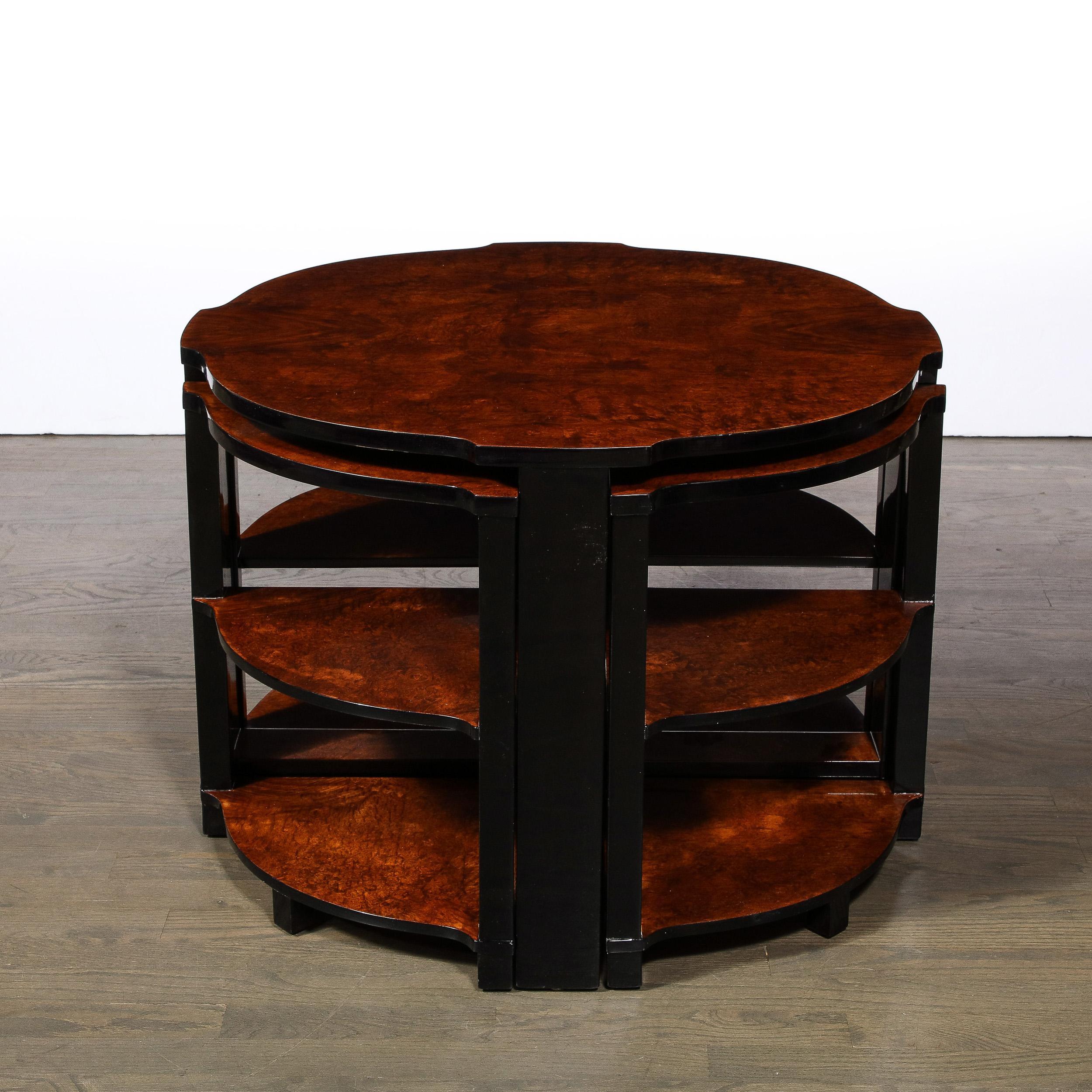 French Art Deco Three-Tier Occasional Table w/ Four Nested Tables in Bookmatched Walnut