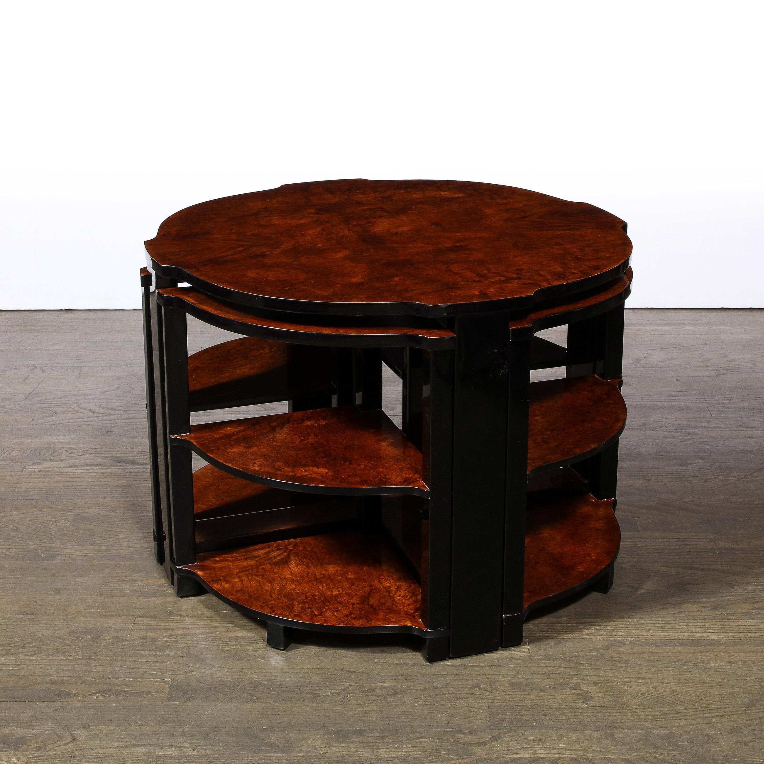 Art Deco Three-Tier Occasional Table w/ Four Nested Tables in Bookmatched Walnut In Excellent Condition In New York, NY