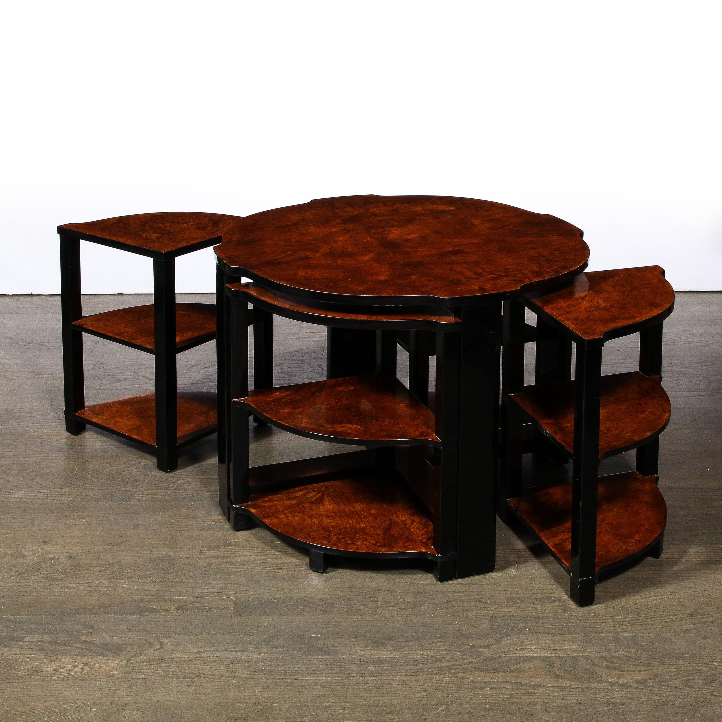 Mid-20th Century Art Deco Three-Tier Occasional Table w/ Four Nested Tables in Bookmatched Walnut