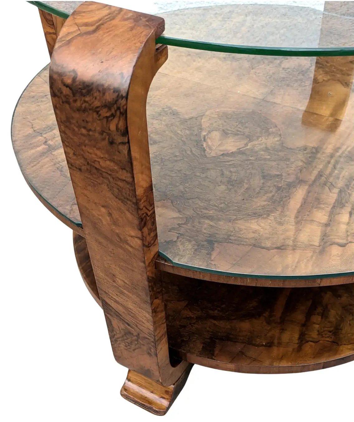 20th Century Art Deco Three Tier Walnut & Glass Occasional Table, English, c1930