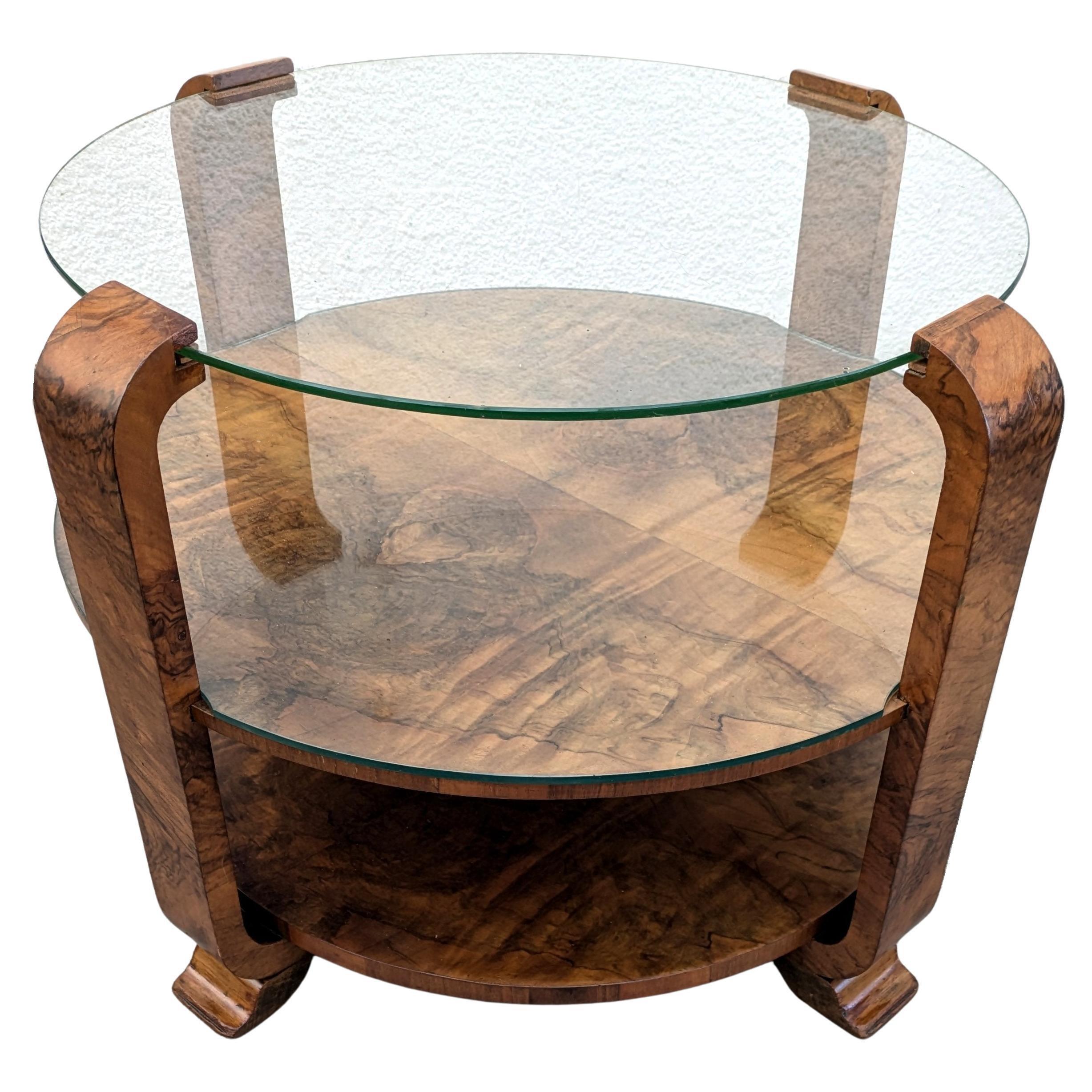 Art Deco Three Tier Walnut & Glass Occasional Table, English, c1930 1