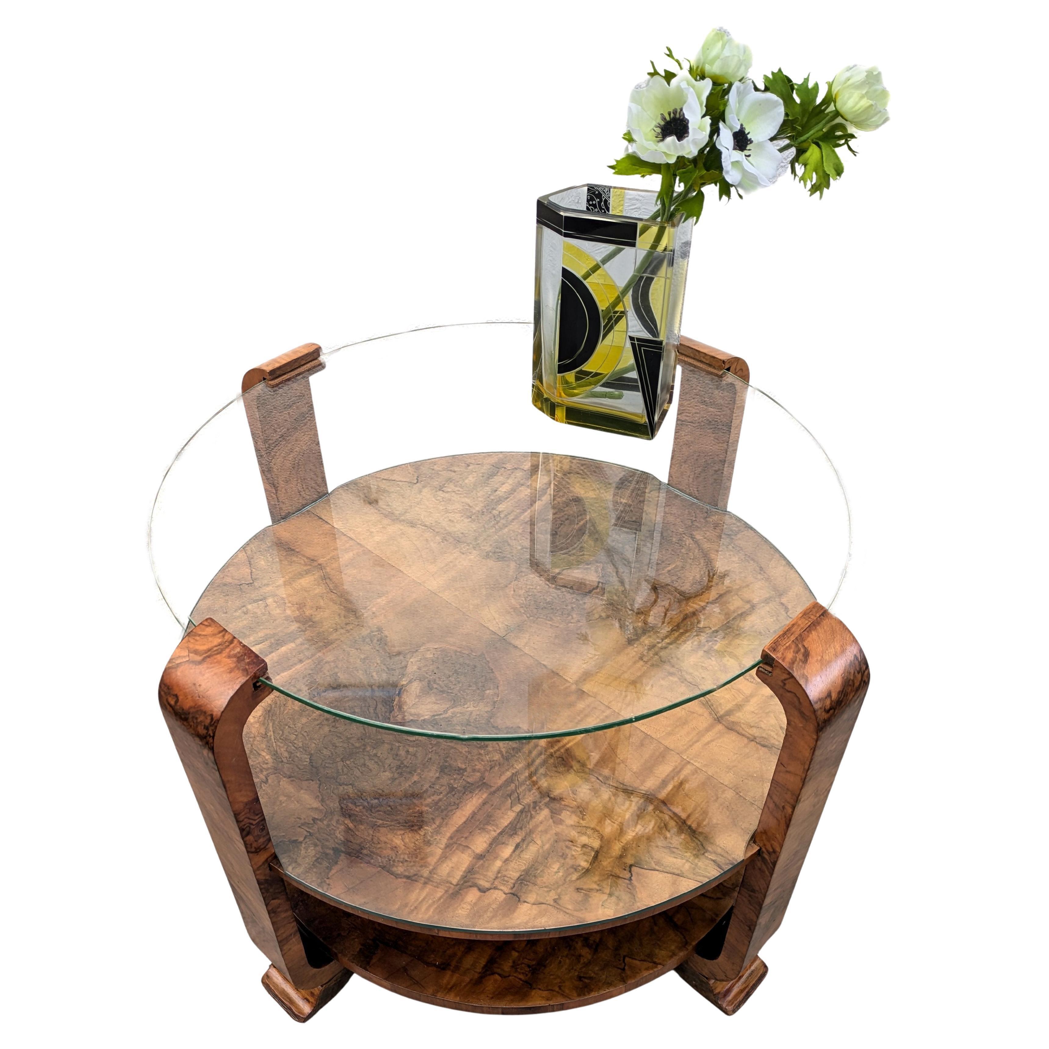Art Deco Three Tier Walnut & Glass Occasional Table, English, c1930 2