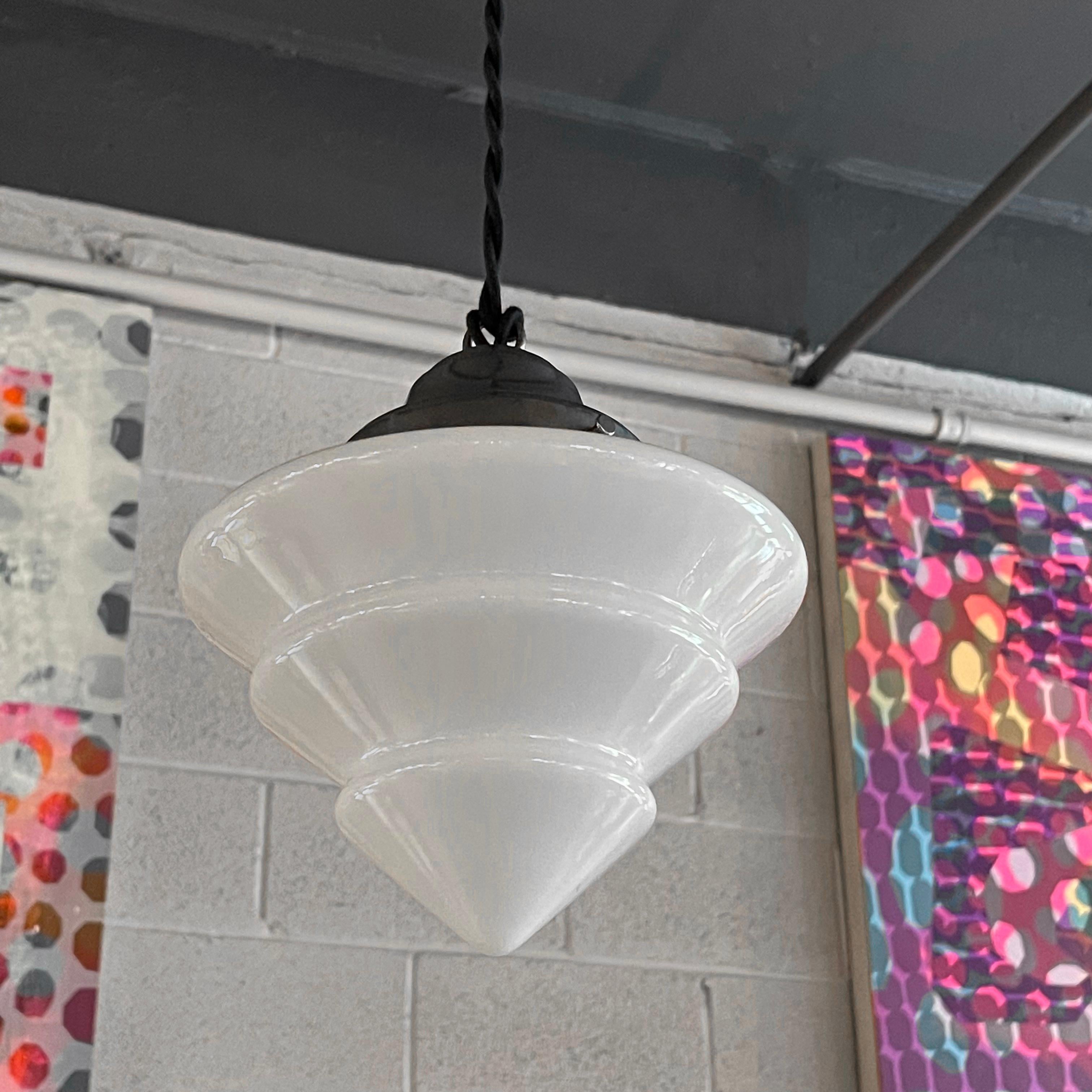 Art Deco Tiered Milk Glass Cone Pendant Light In Good Condition In Brooklyn, NY