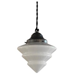 Art Deco Tiered Milk Glass Cone Pendant Light