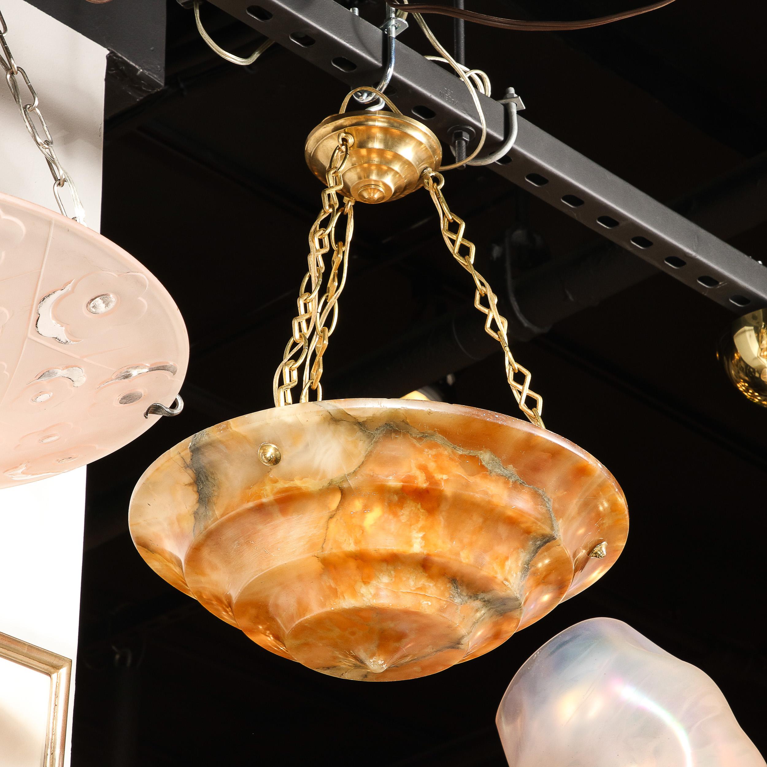 Art Deco Tiered Variegated Alabaster & Brass Fitted Pendant Chandelier In Excellent Condition For Sale In New York, NY