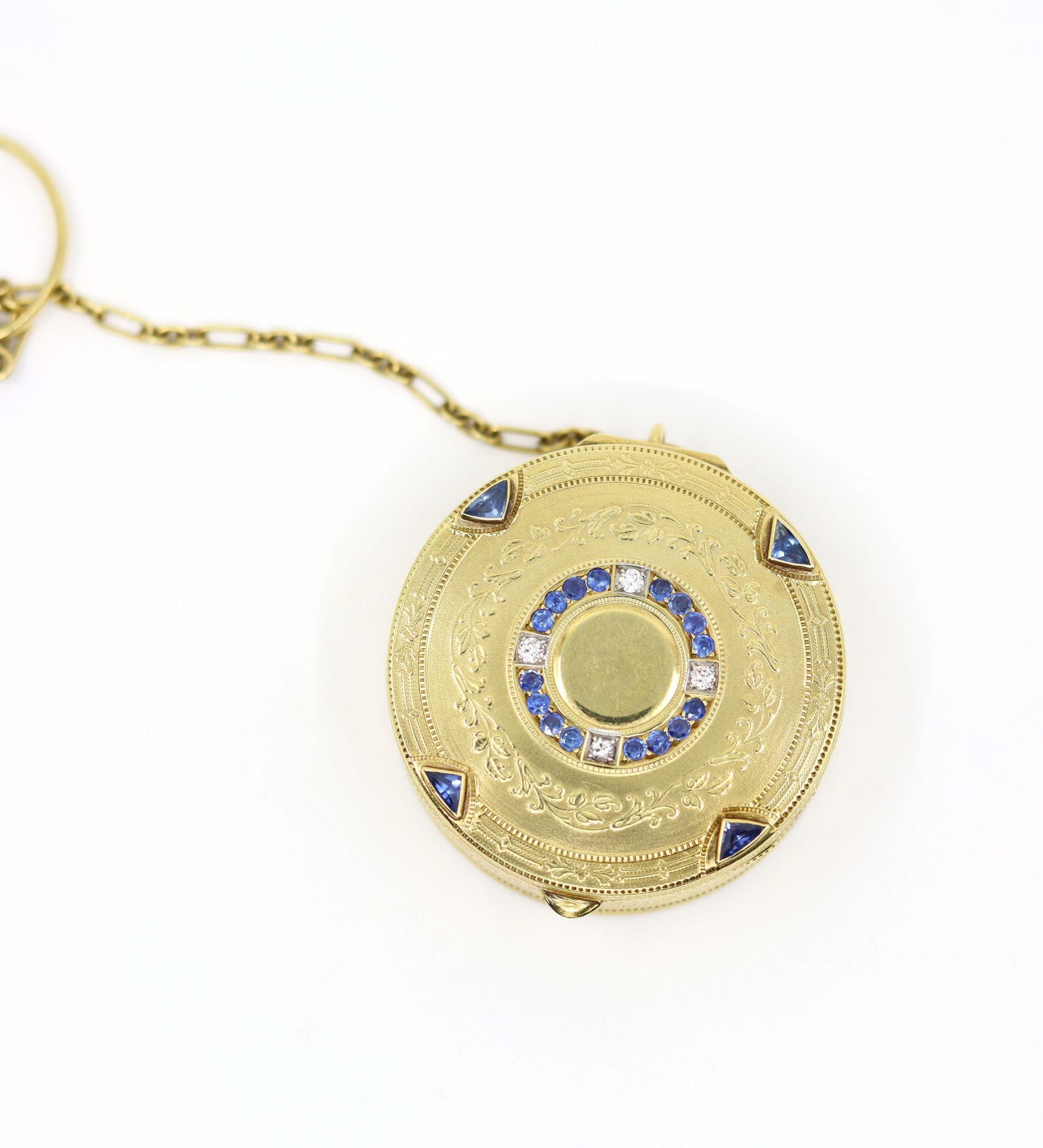 Taglio brillante Portapillole Art Deco Tiffany & Co. in oro 14K con zaffiro e diamante in vendita