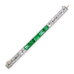 Art Deco Tiffany & Co 18k Gold and Plat Emerald & French Cut Diamond Bar Brooch