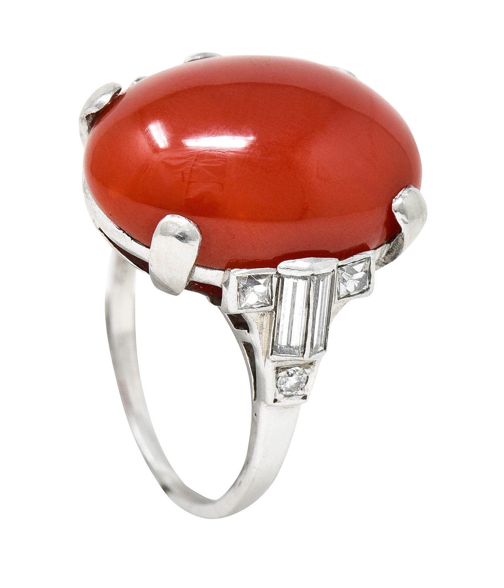 Art Deco Tiffany & Co. Coral Diamond Platinum Cabochon Ring 6
