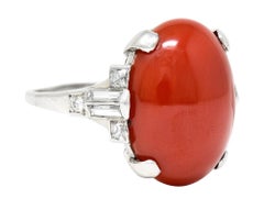 Art Deco Tiffany & Co. Coral Diamond Platinum Cabochon Ring