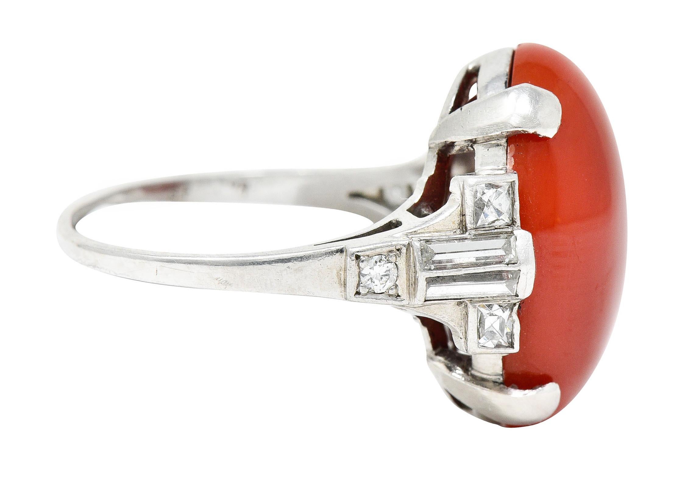 Contemporary Art Deco Tiffany & Co. Coral Diamond Platinum Cabochon Ring