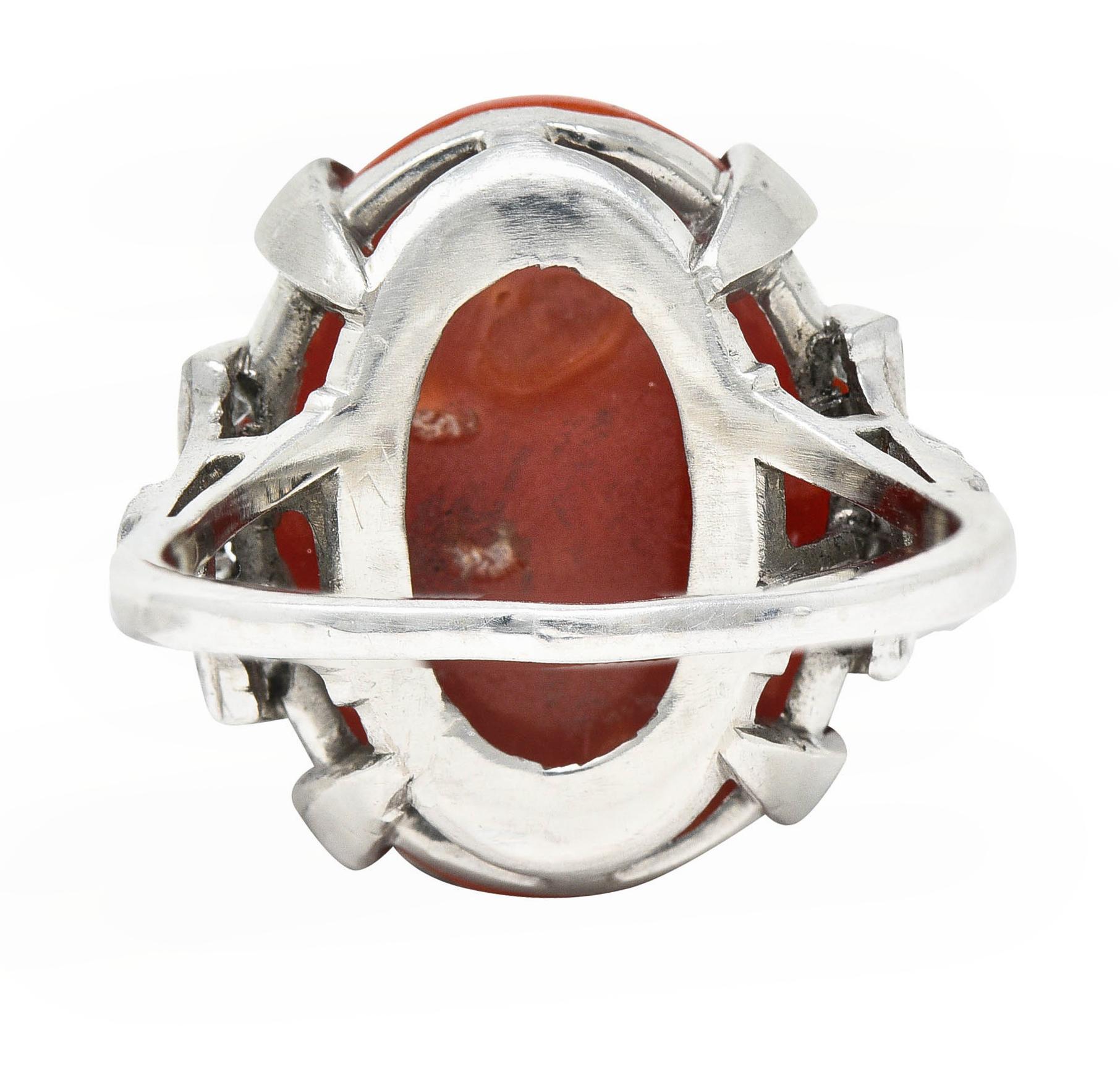 Art Deco Tiffany & Co. Coral Diamond Platinum Cabochon Ring In Excellent Condition In Philadelphia, PA