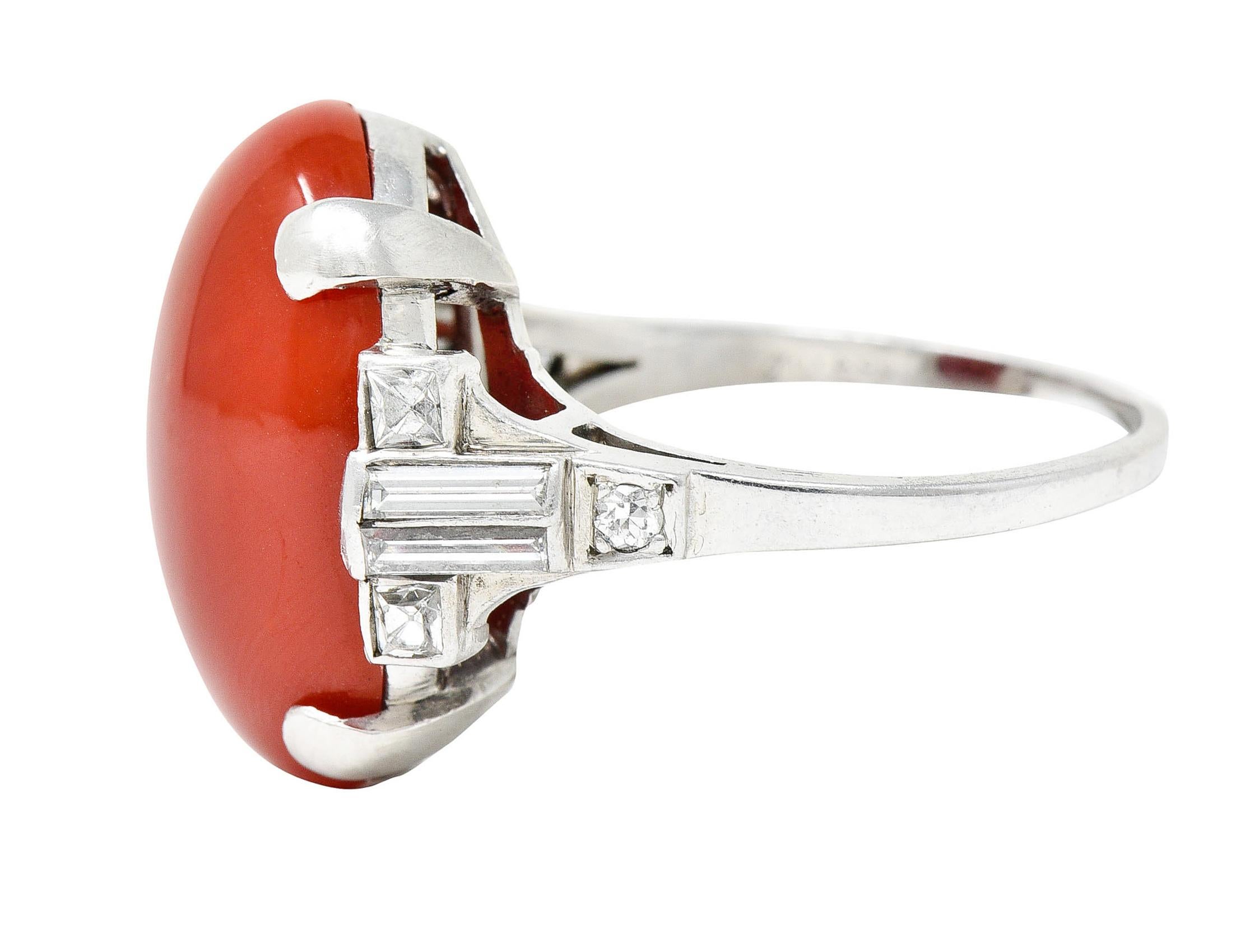 Women's or Men's Art Deco Tiffany & Co. Coral Diamond Platinum Cabochon Ring