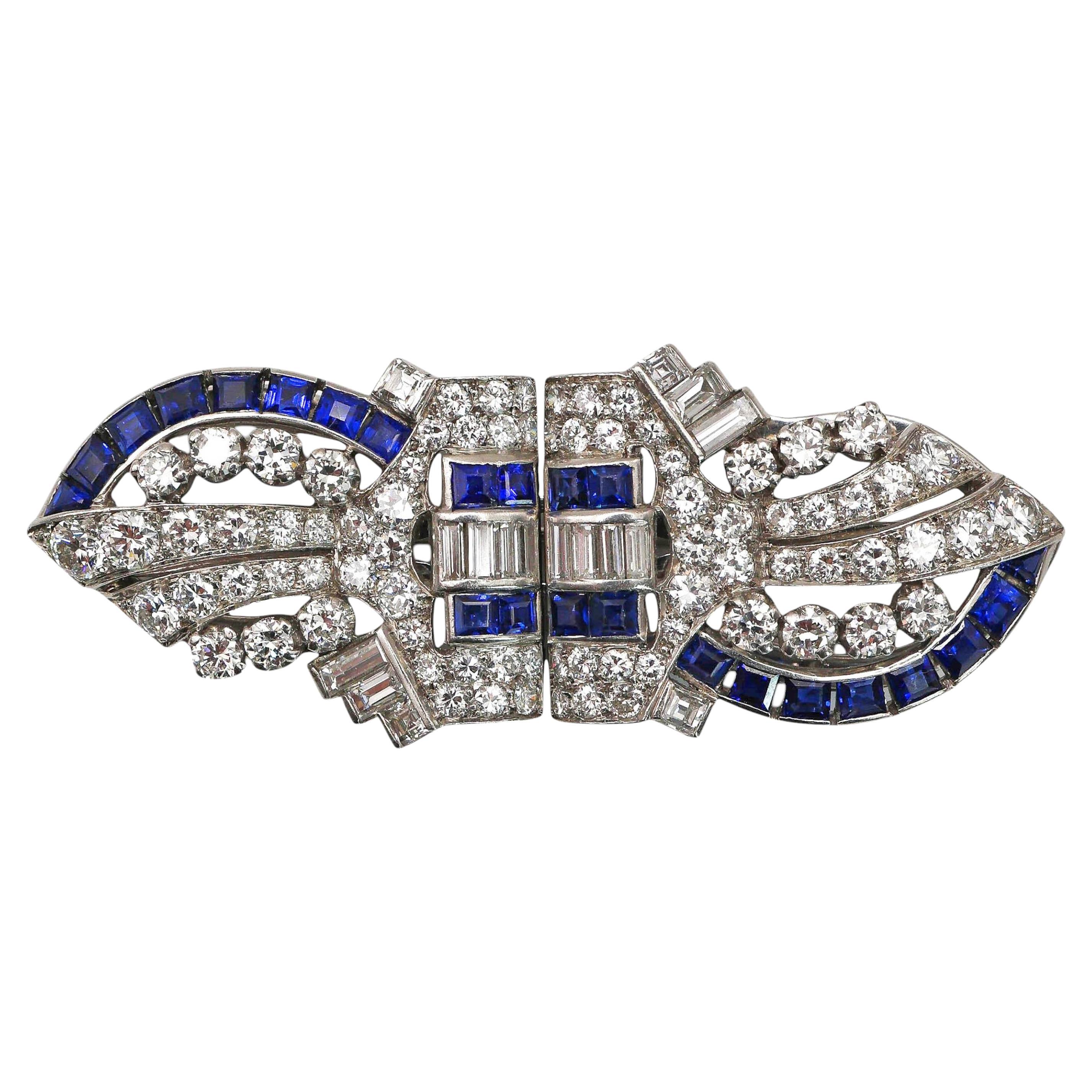 Art Deco Tiffany & Co. Sapphire Diamond and Platinum Double Clip Brooch, C 1930