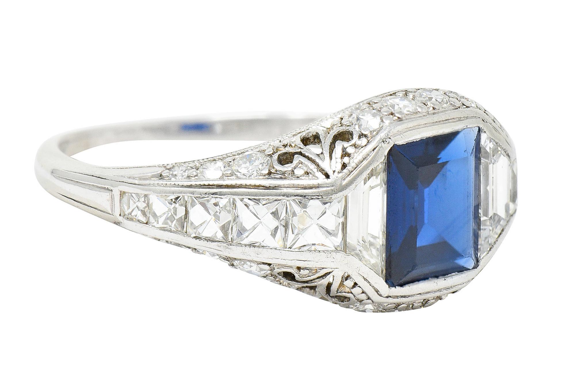 Bombè band features a rectangular cut sapphire weighing approximately 2.00 carats

Transparent with saturated and uniform medium dark royal blue color

Flanked by trapezoid and French cut diamonds weighing in total approximately 1.25 carats

With
