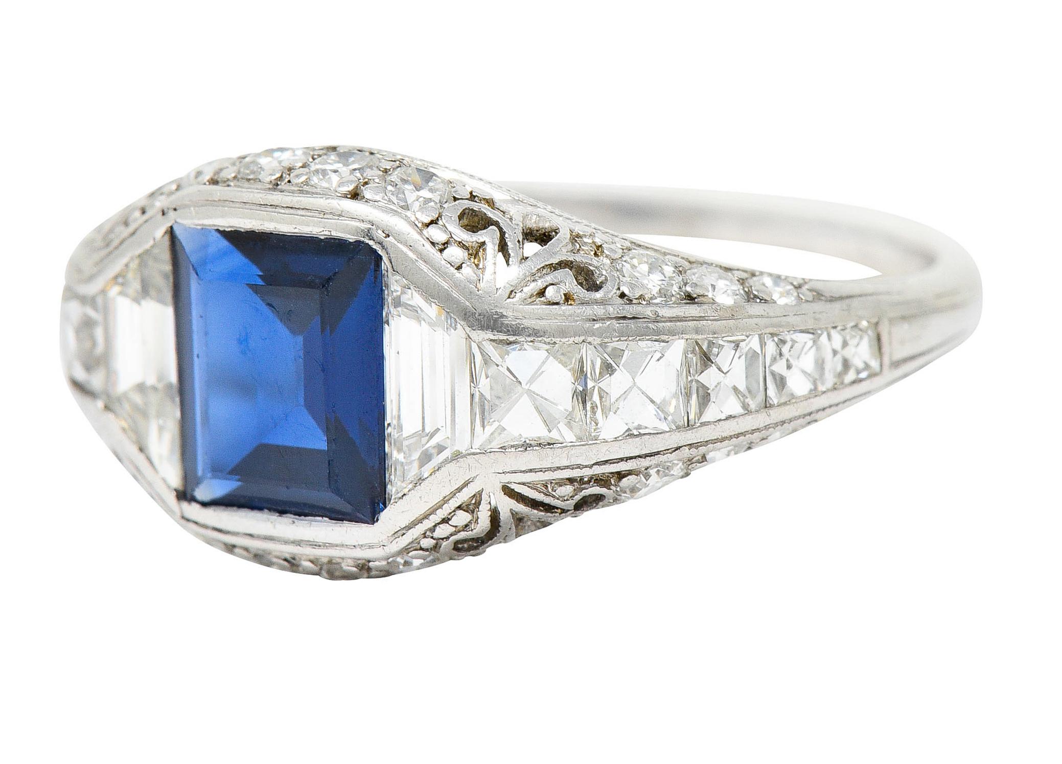 French Cut Art Deco Tiffany & Co. Sapphire Diamond Platinum Dinner Ring For Sale