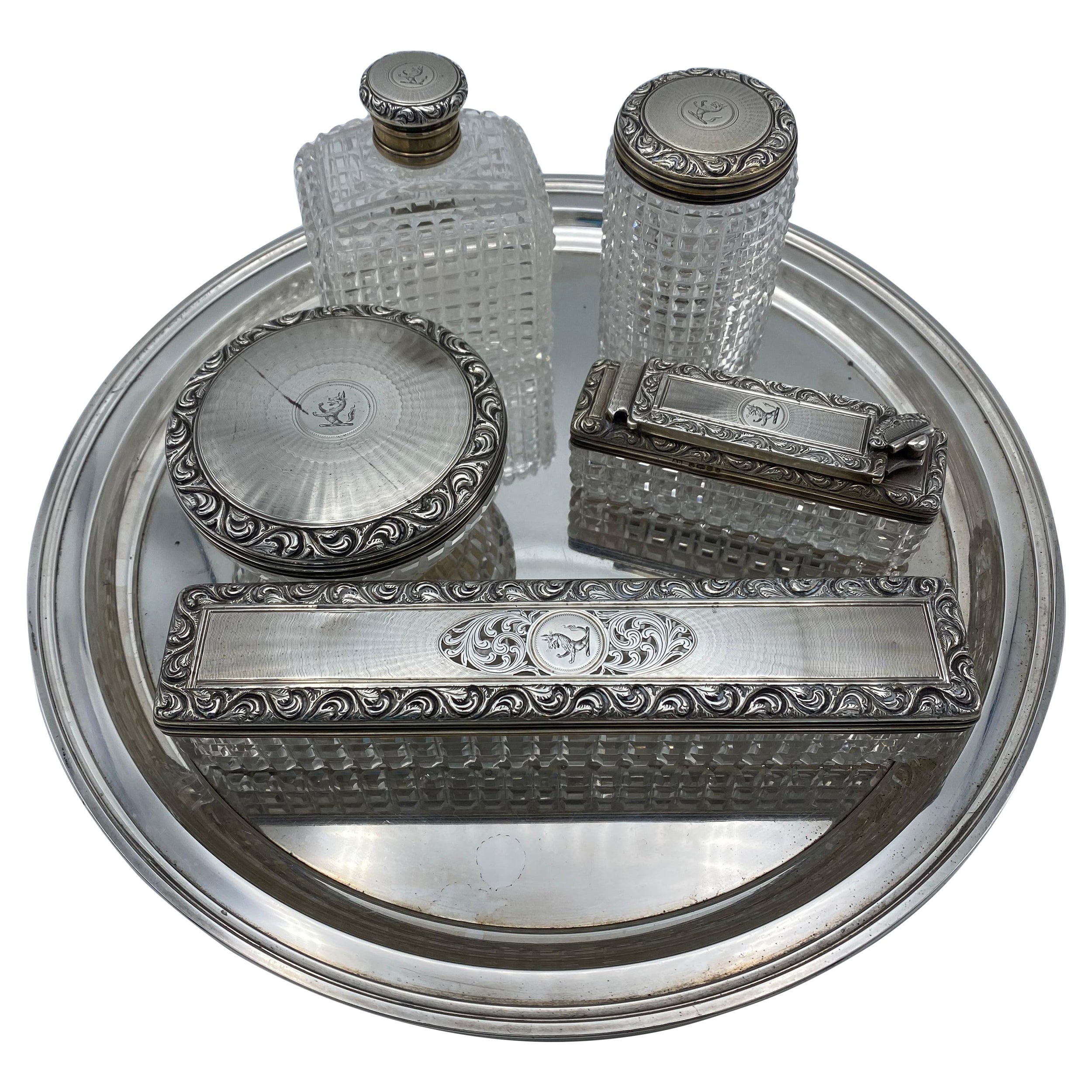 Art Deco Tiffany & Co Sterlingsilber und Kristall Waschtisch-Set im Angebot