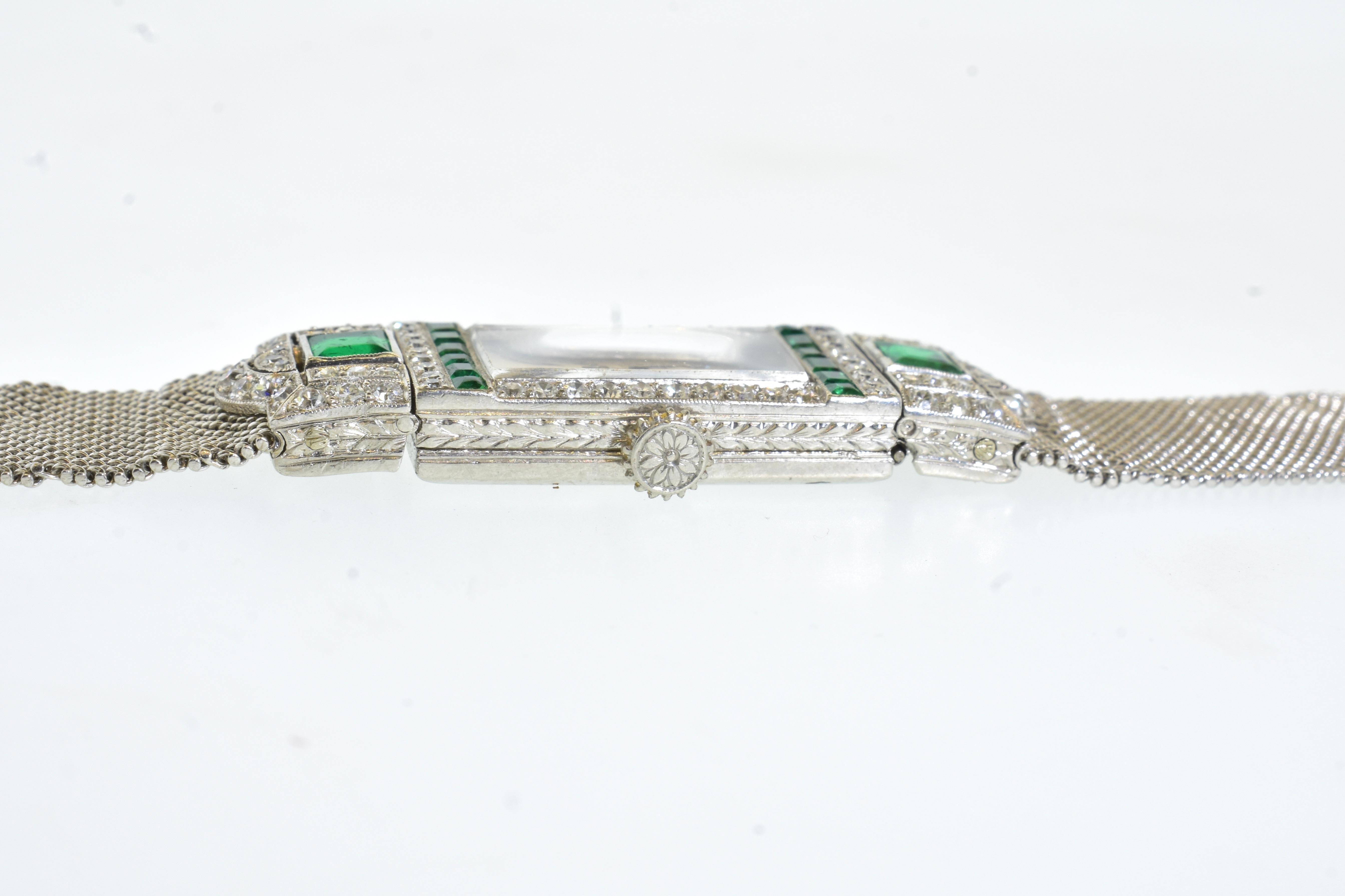 Art Deco Tiffany Platinum, Diamond and Emerald Wristwatch, c. 1920. 8