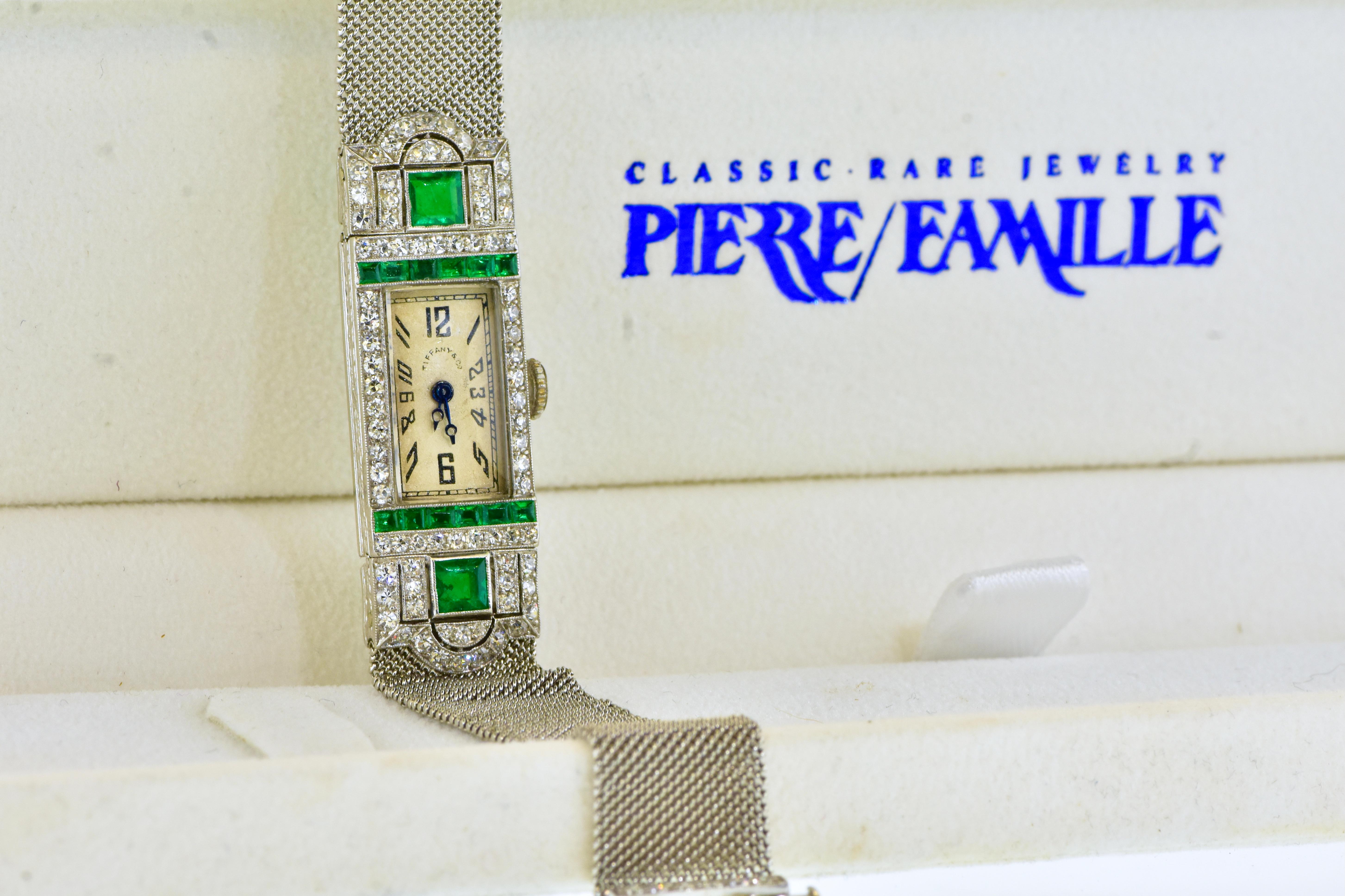 Art Deco Tiffany Platinum, Diamond and Emerald Wristwatch, c. 1920. 12