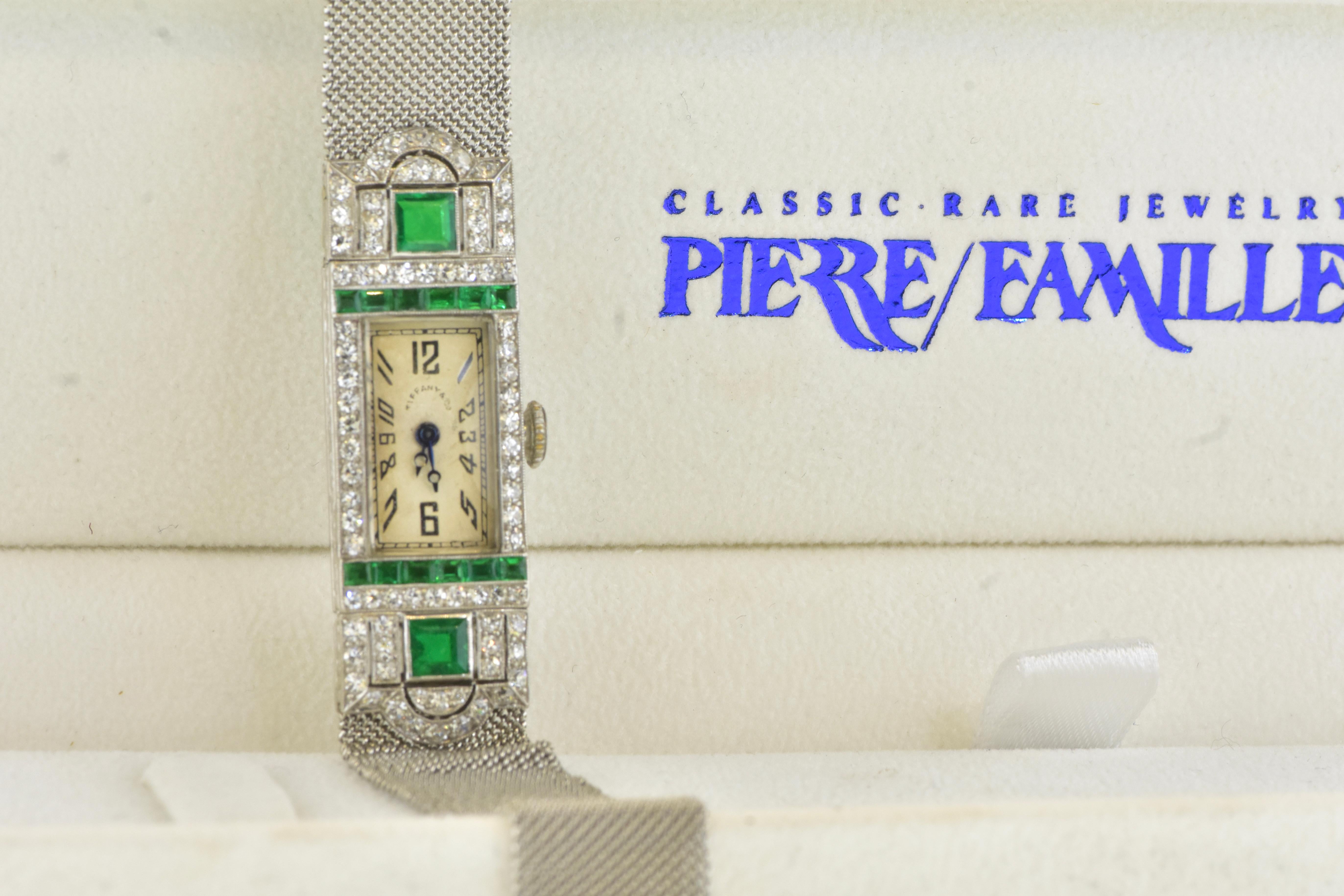 Art Deco Tiffany Platinum, Diamond and Emerald Wristwatch, c. 1920. 13