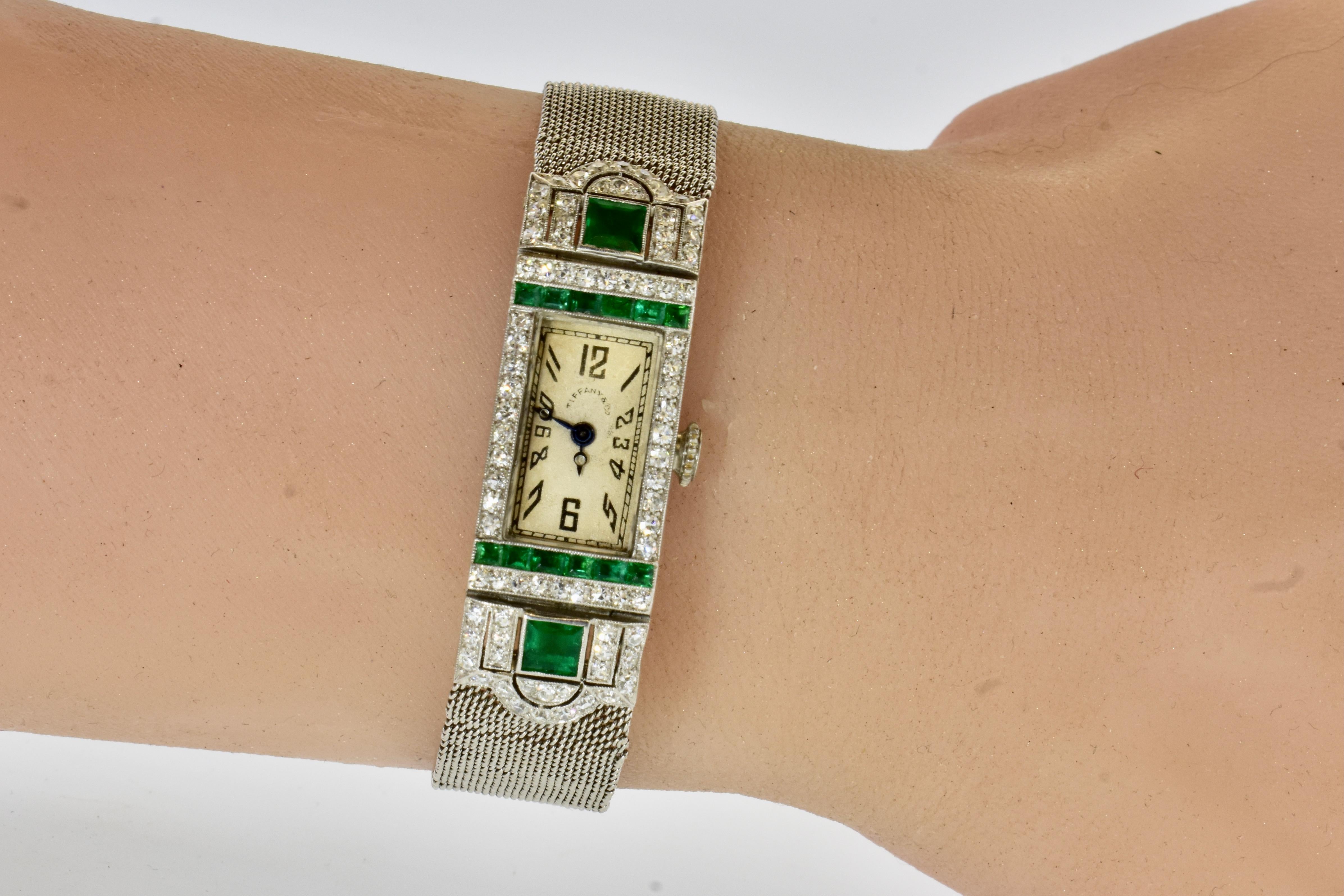 Women's or Men's Art Deco Tiffany Platinum, Diamond and Emerald Wristwatch, c. 1920.