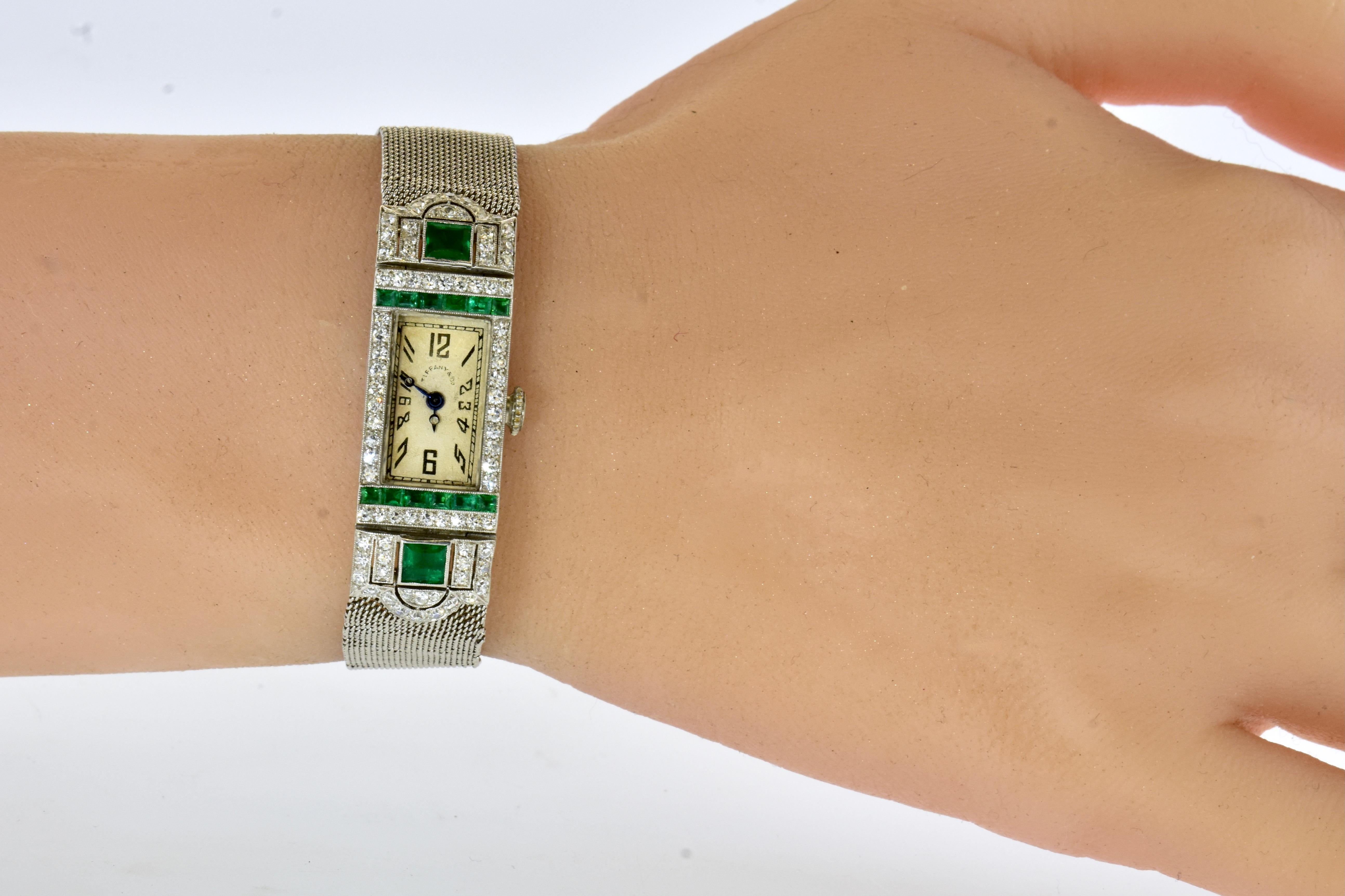Art Deco Tiffany Platinum, Diamond and Emerald Wristwatch, c. 1920. 1