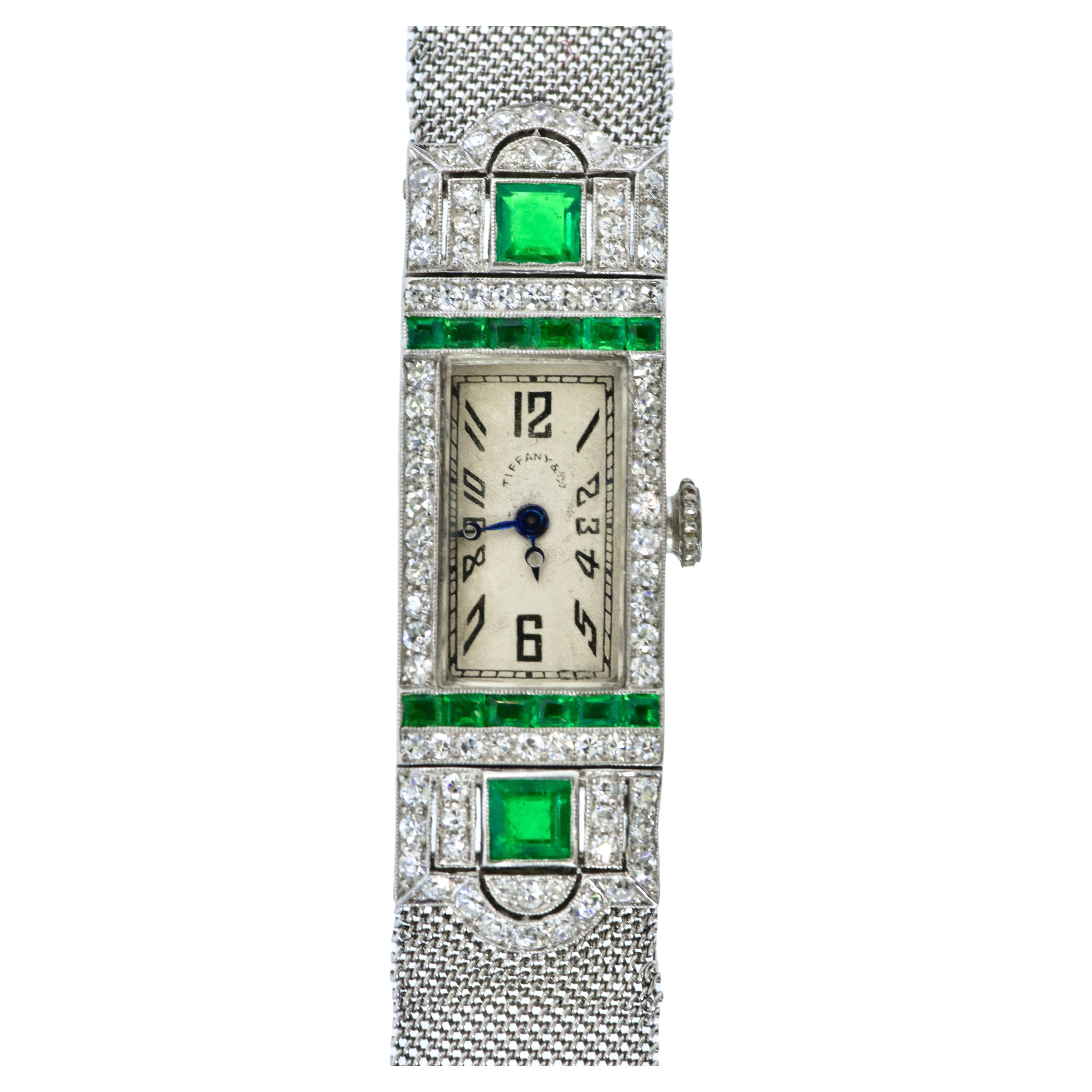 Art Deco Tiffany Platinum, Diamond and Emerald Wristwatch, c. 1920.