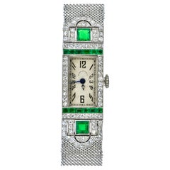Used Art Deco Tiffany Platinum, Diamond and Emerald Wristwatch, c. 1920.