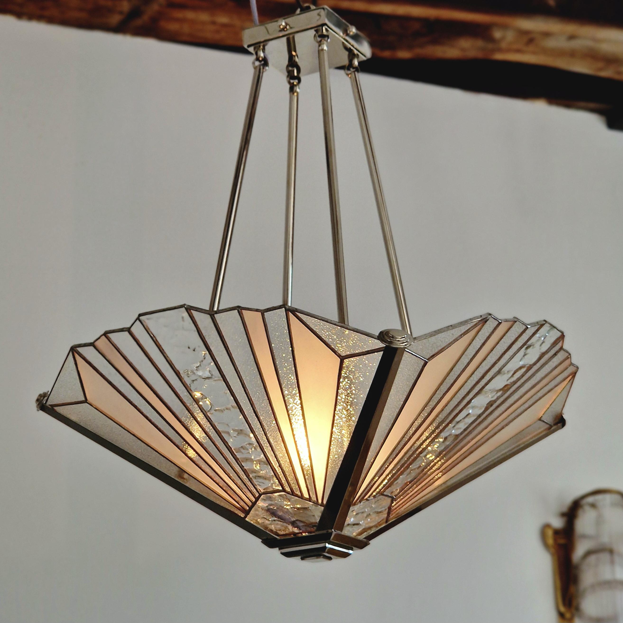 Art Deco Vitrail chandelier with Nickel Finish Bronze For Sale 1