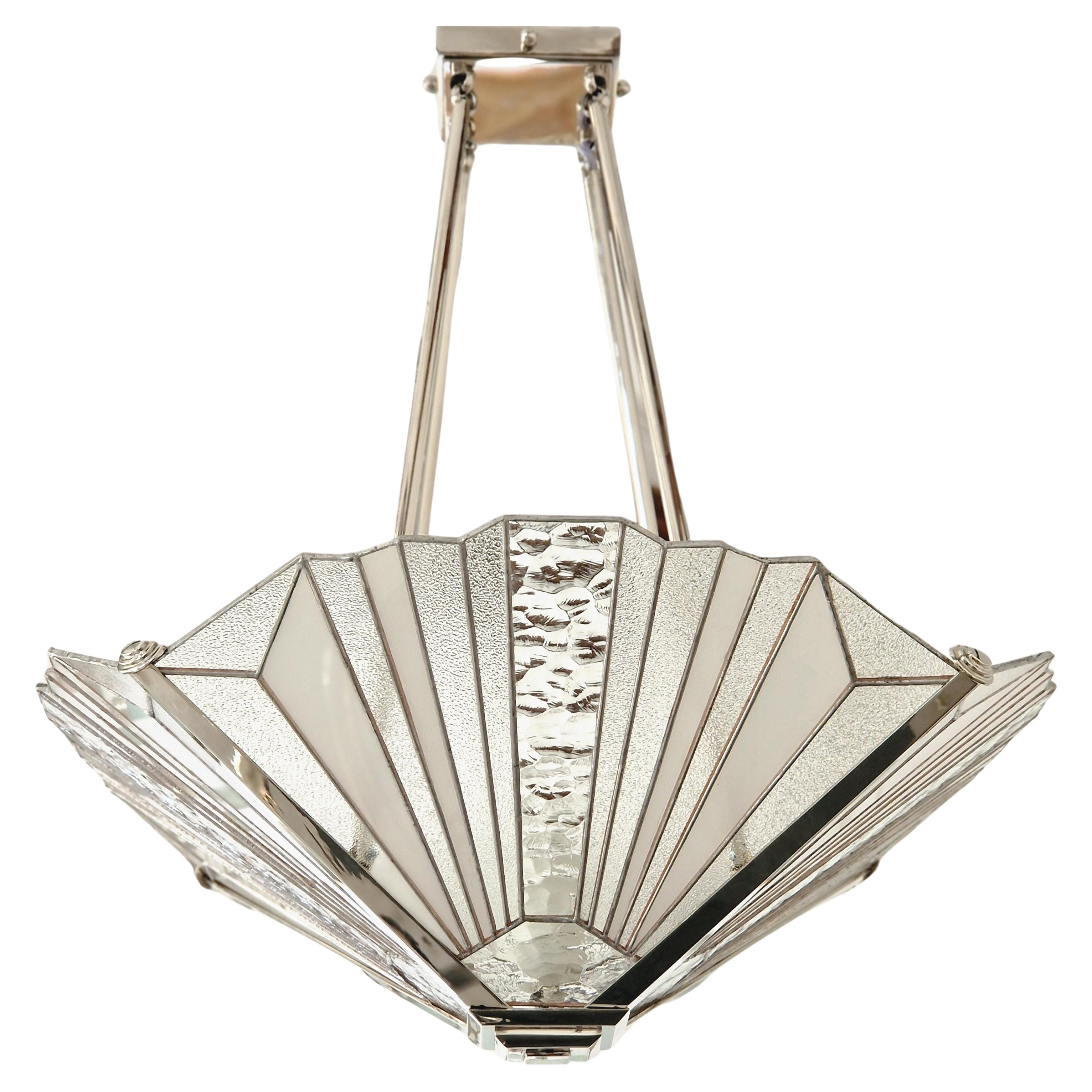 Art Deco Vitrail chandelier with Nickel Finish Bronze For Sale