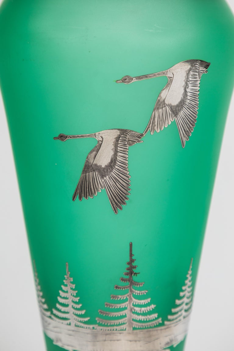 Art Deco Tiffin Green Satin Glass Vase with Rockwell Silver Overlay at