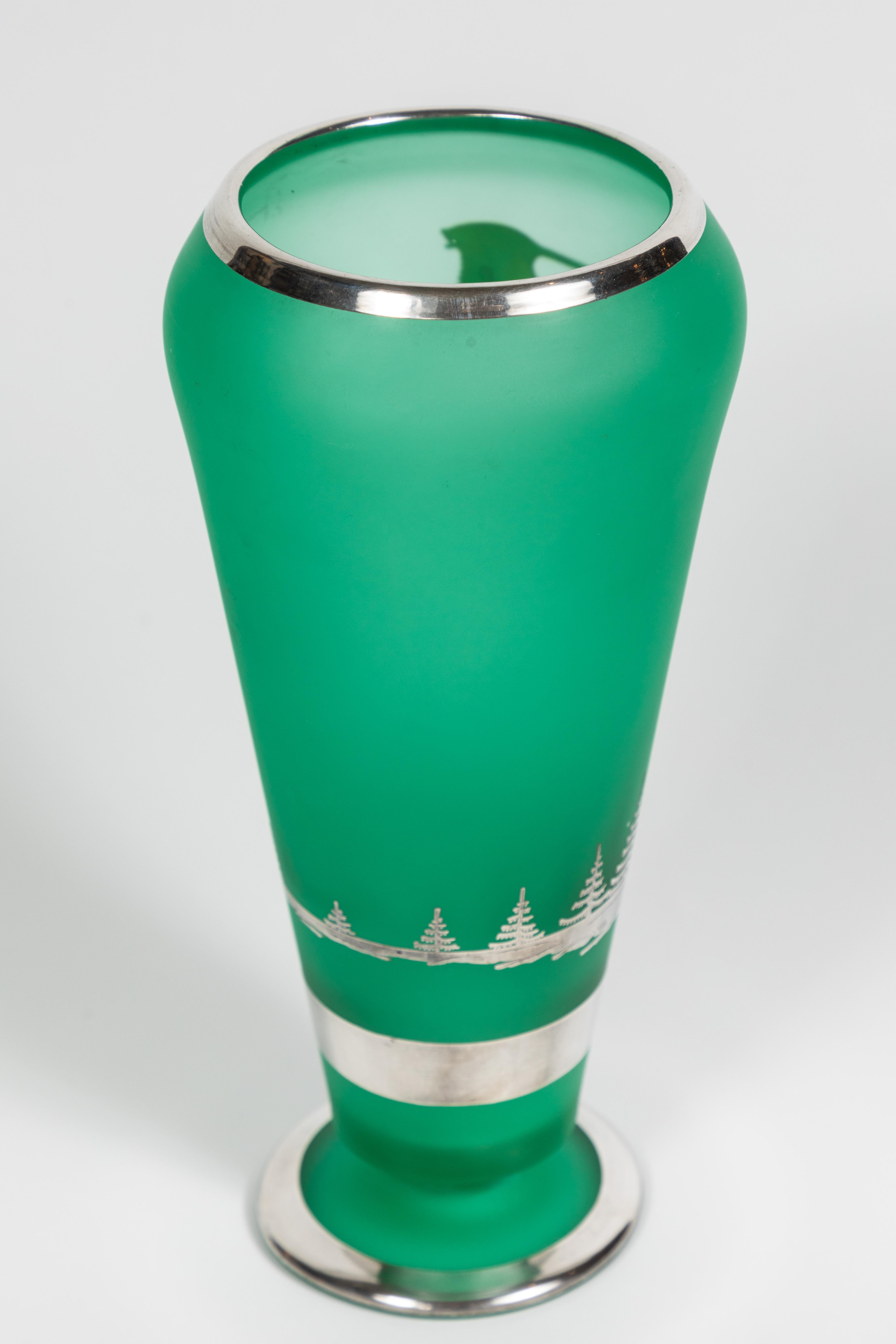 American Art Deco Tiffin Green Satin Glass Vase with Rockwell Silver Overlay