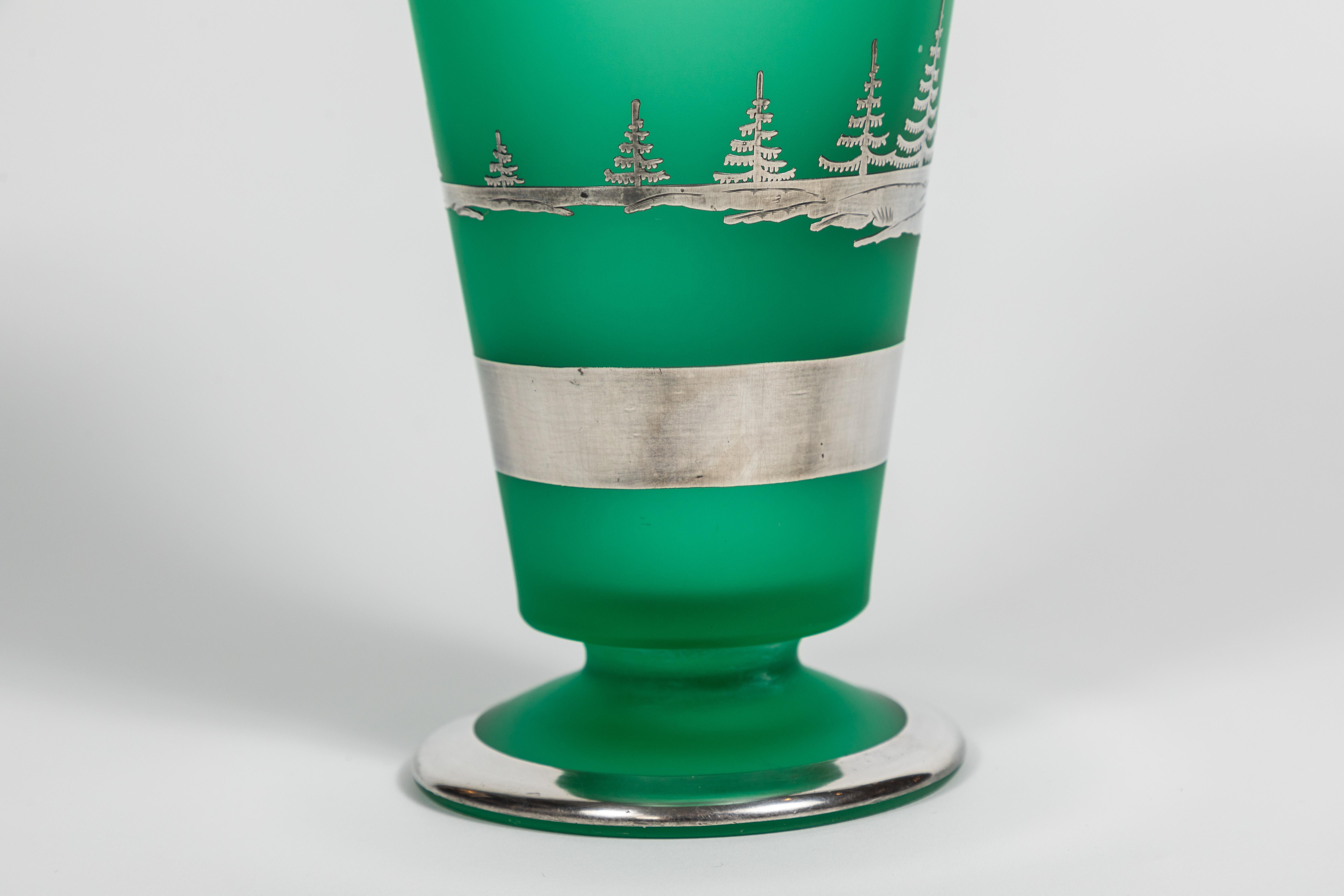 Art Deco Tiffin Green Satin Glass Vase with Rockwell Silver Overlay In Excellent Condition In Pasadena, CA