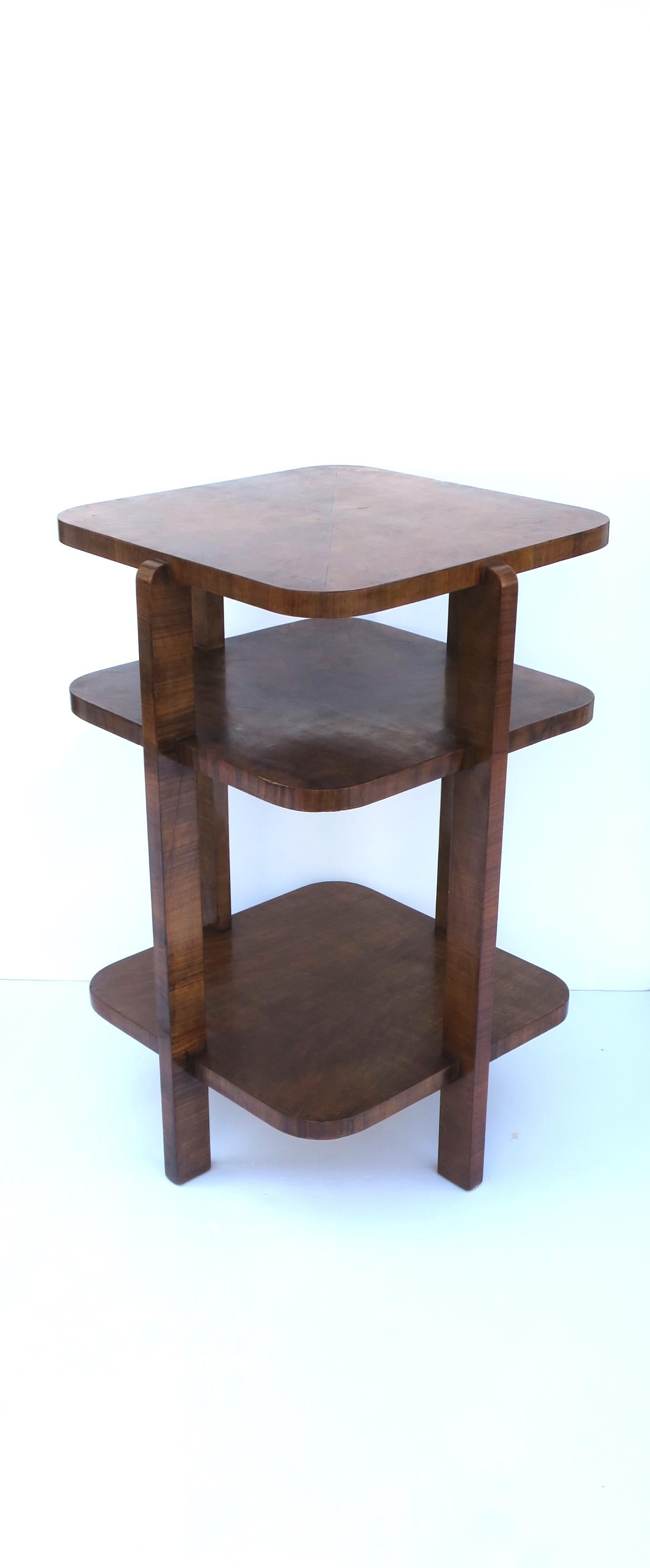 European Art Deco Tiger Maple Wood Drink Side End Table with Shelves