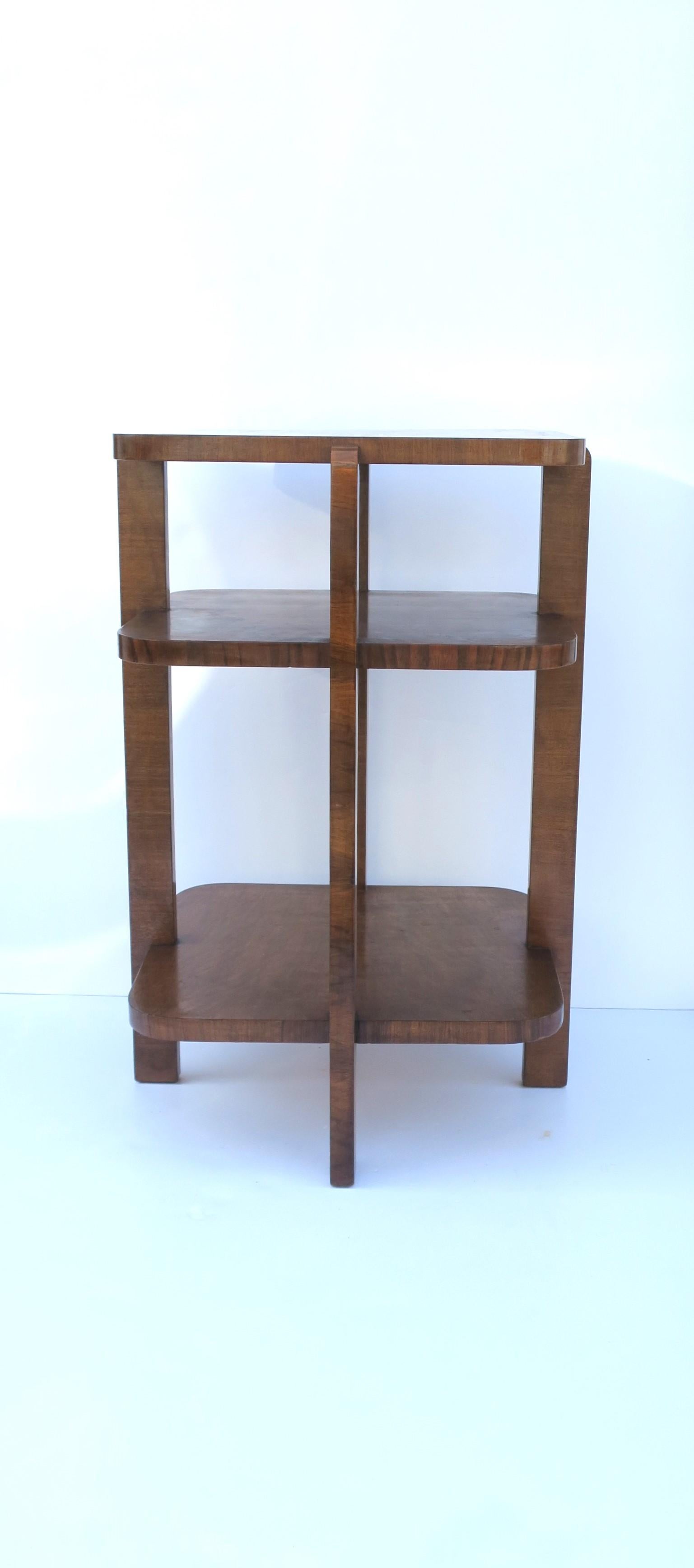20th Century Art Deco Tiger Maple Wood Drink Side End Table with Shelves