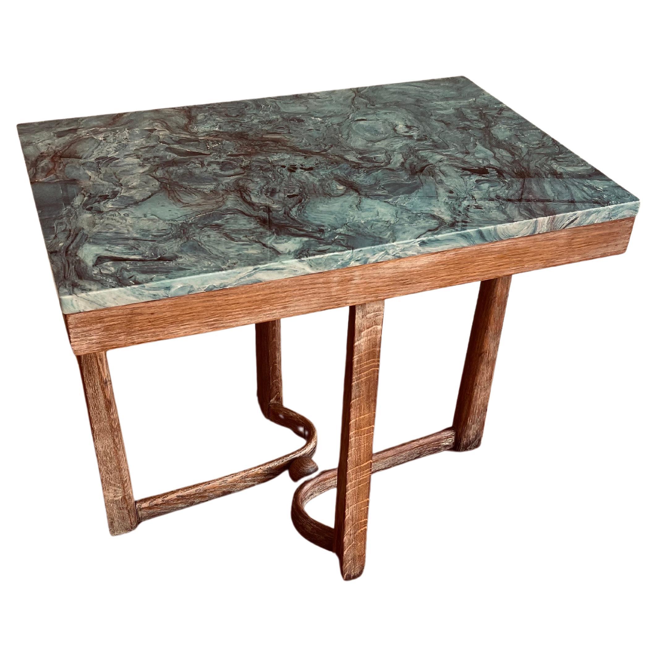 beautiful elegant rare end cocktail table, circa 1940's solid tiger oak frame with Italian green marble top nice decorative base with ball in the middle k, rare and unique design.