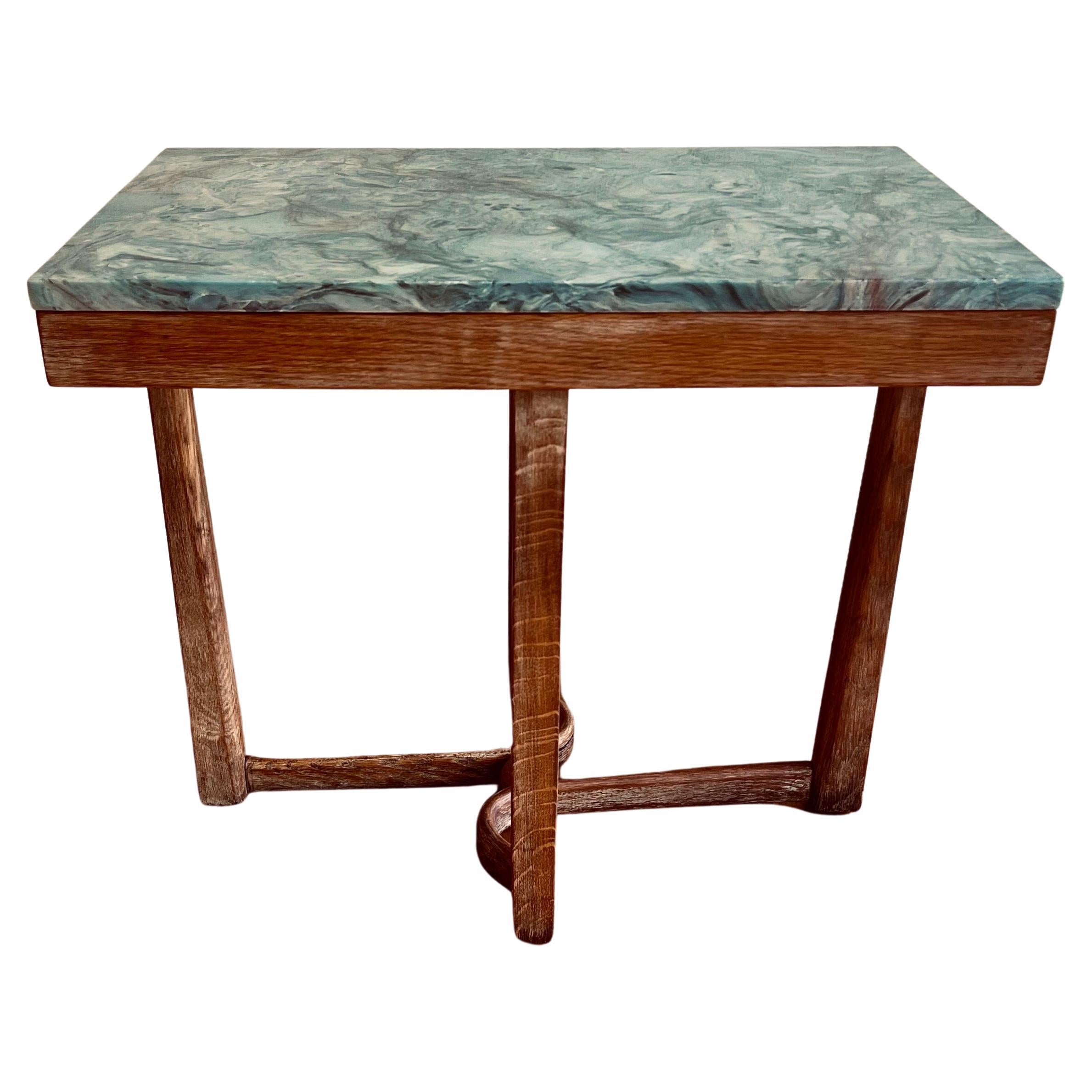 Art Deco Tiger Oak Cocktail End Table with Marble Top For Sale