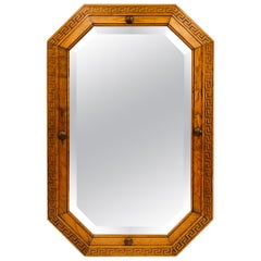 Art Deco Tiger Oak Frame with Greek Key Design Beveled Octagon Mirror