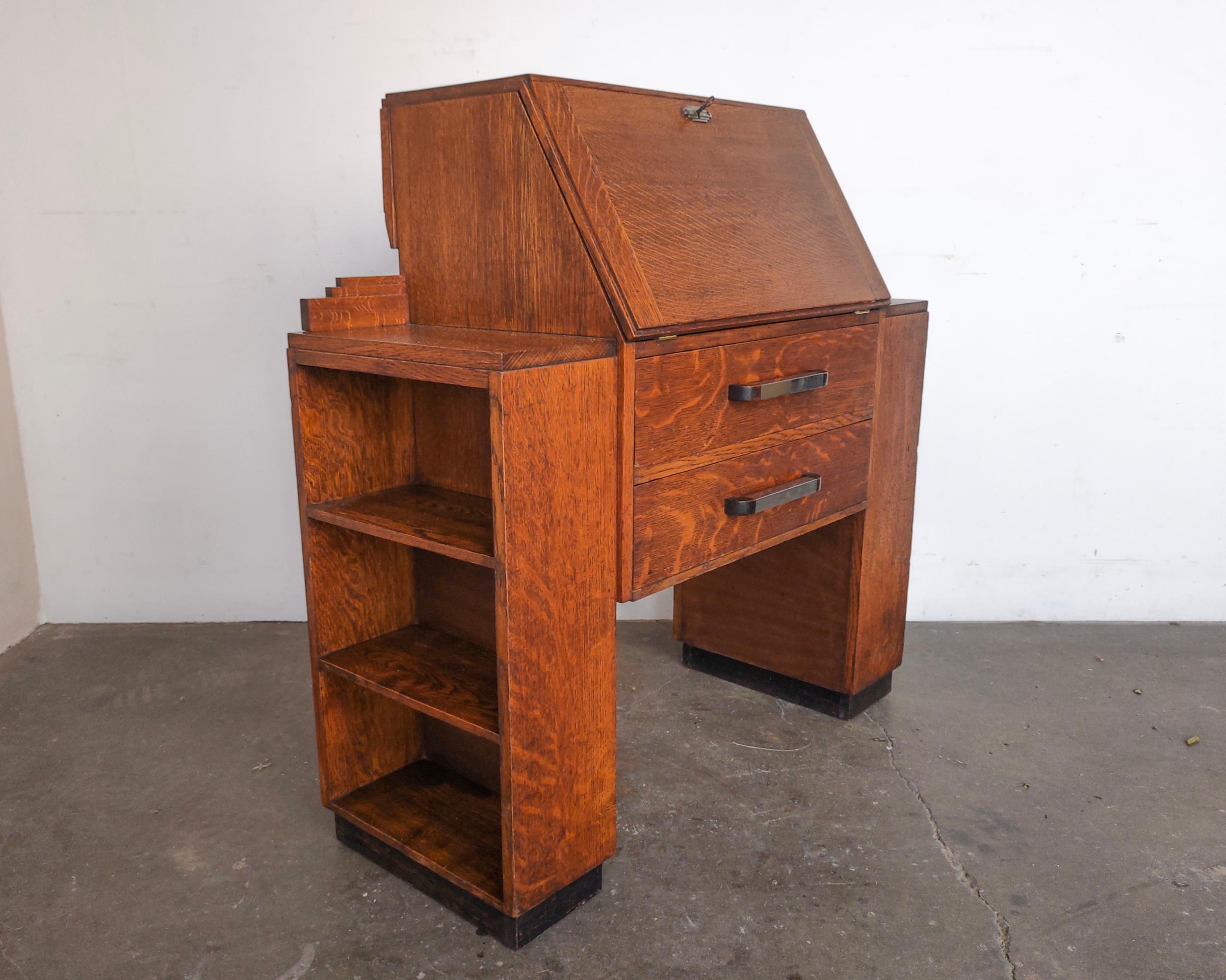 Art Deco Tiger Oak Wood Bureau Bookcase Secretary Desk, 1920s 3