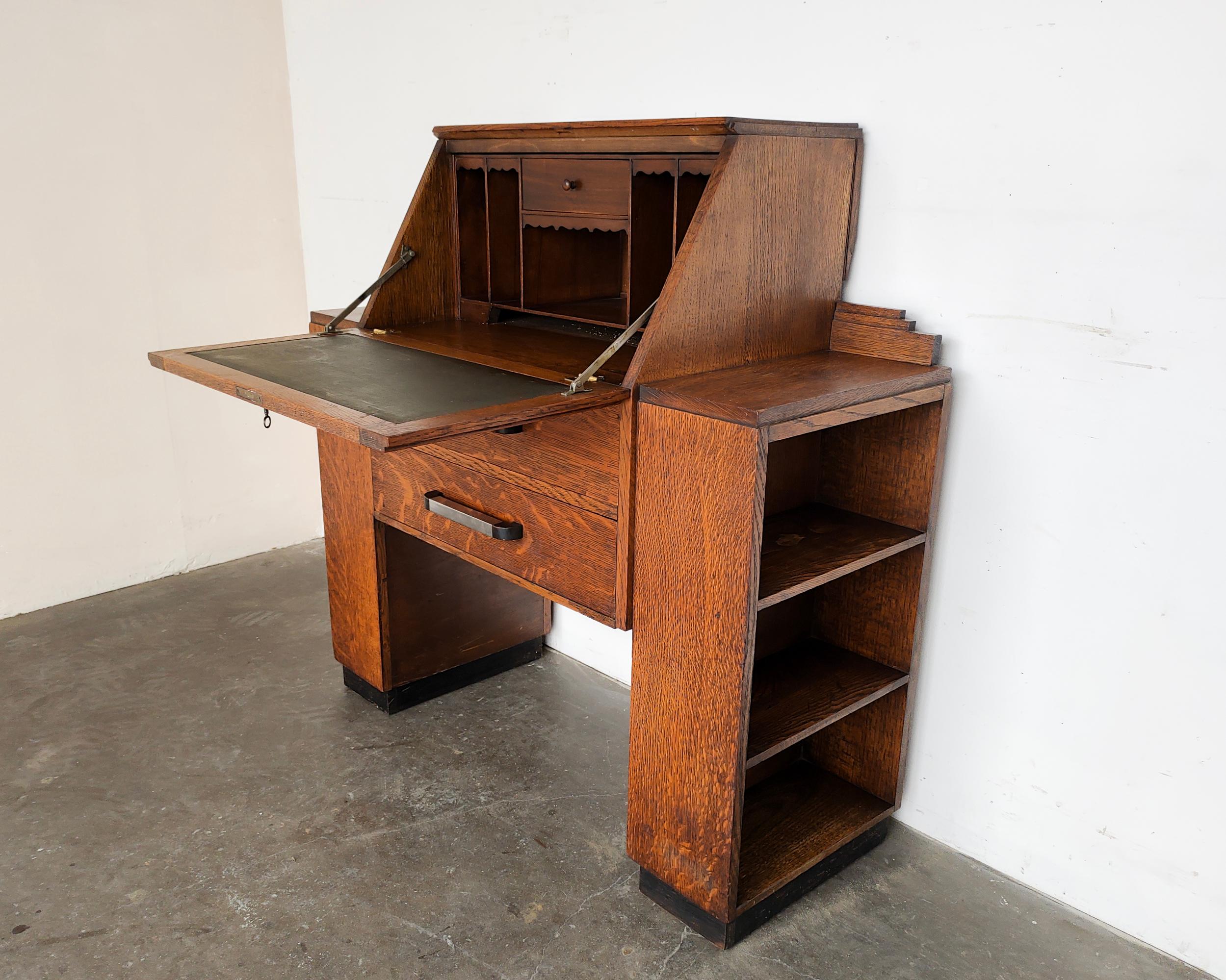 20th Century Art Deco Tiger Oak Wood Bureau Bookcase Secretary Desk, 1920s